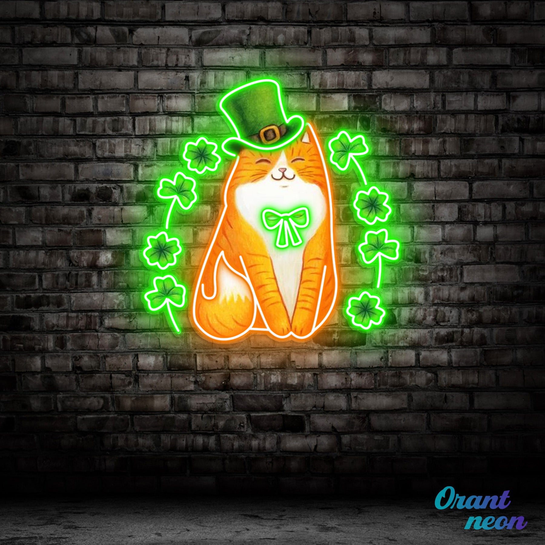 Patrick's Day Cute Cat with Lucky Four Leaf Clover Led Neon Acrylic Artwork