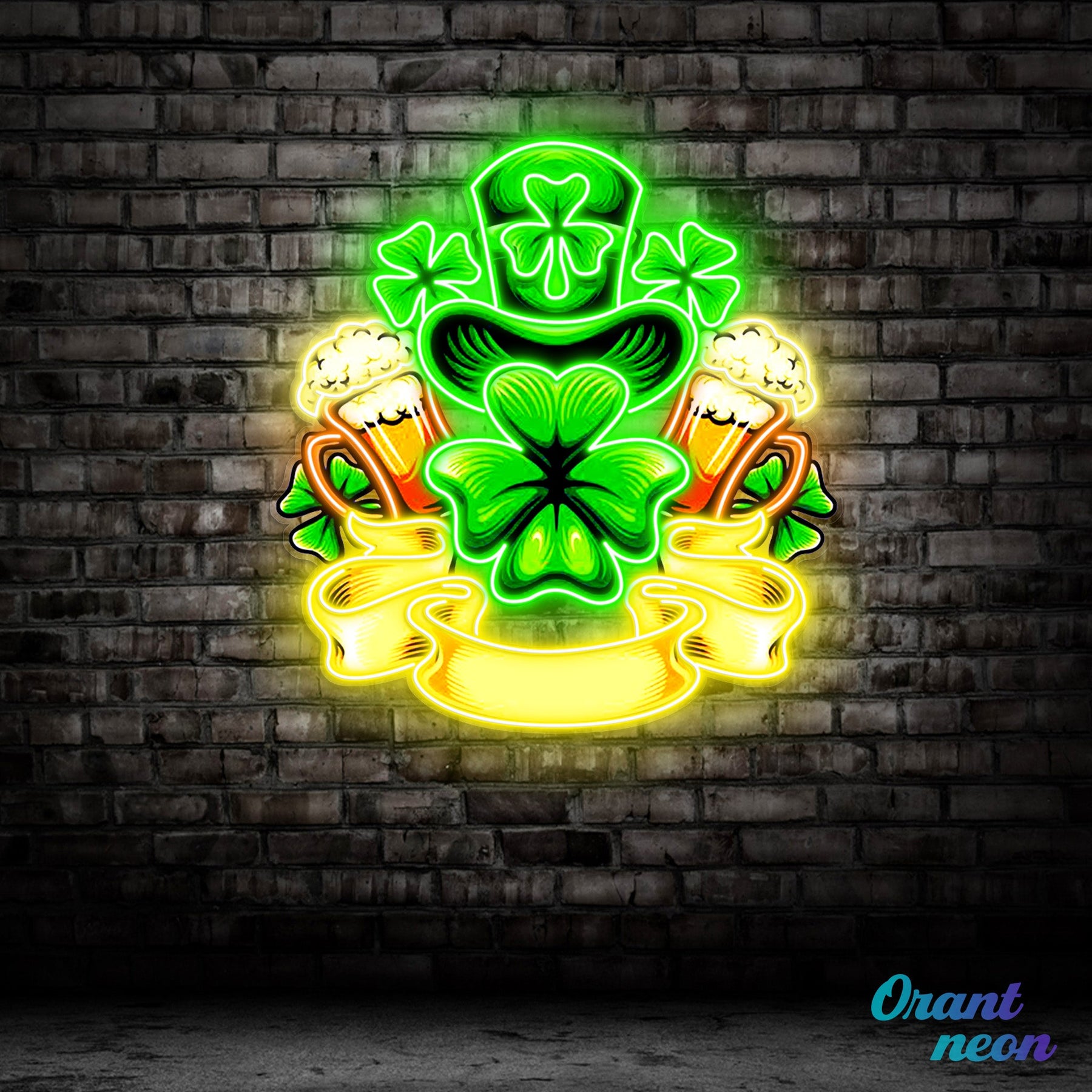 Patrick's Day Hat, Beer And Lucky Leaf Clover Led Neon Acrylic Artwork