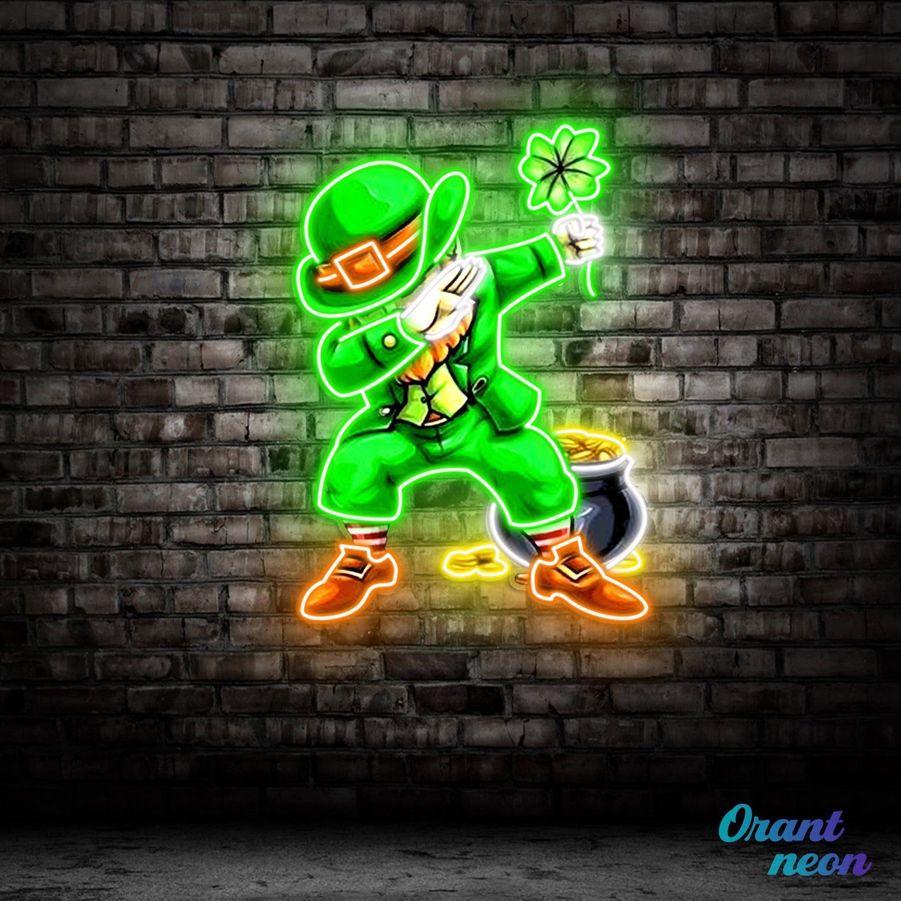 Patrick's Day Goblin Do A Dab and Hold A Four Leaf Clover Led Neon Acrylic Artwork