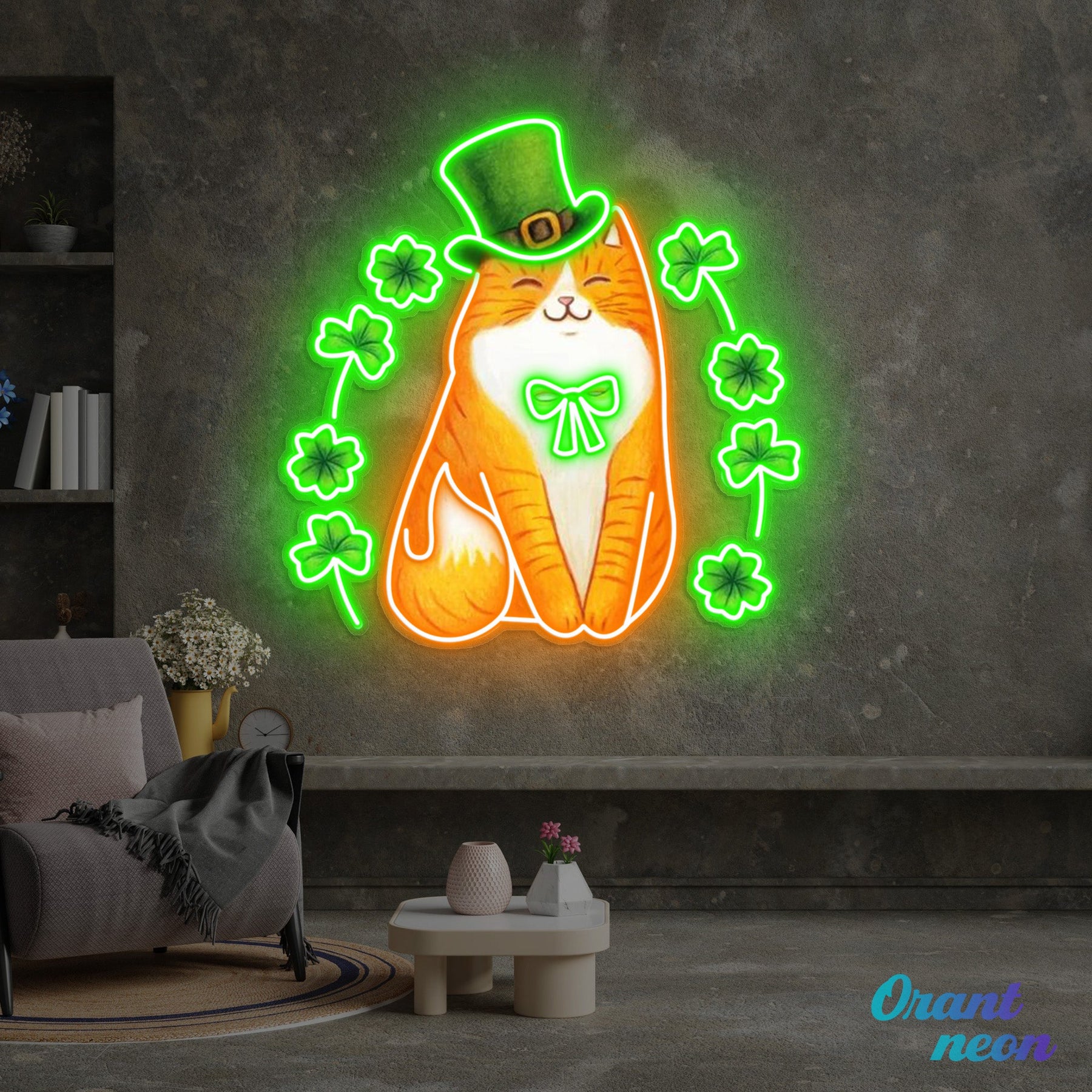 Patrick's Day Cute Cat with Lucky Four Leaf Clover Led Neon Acrylic Artwork