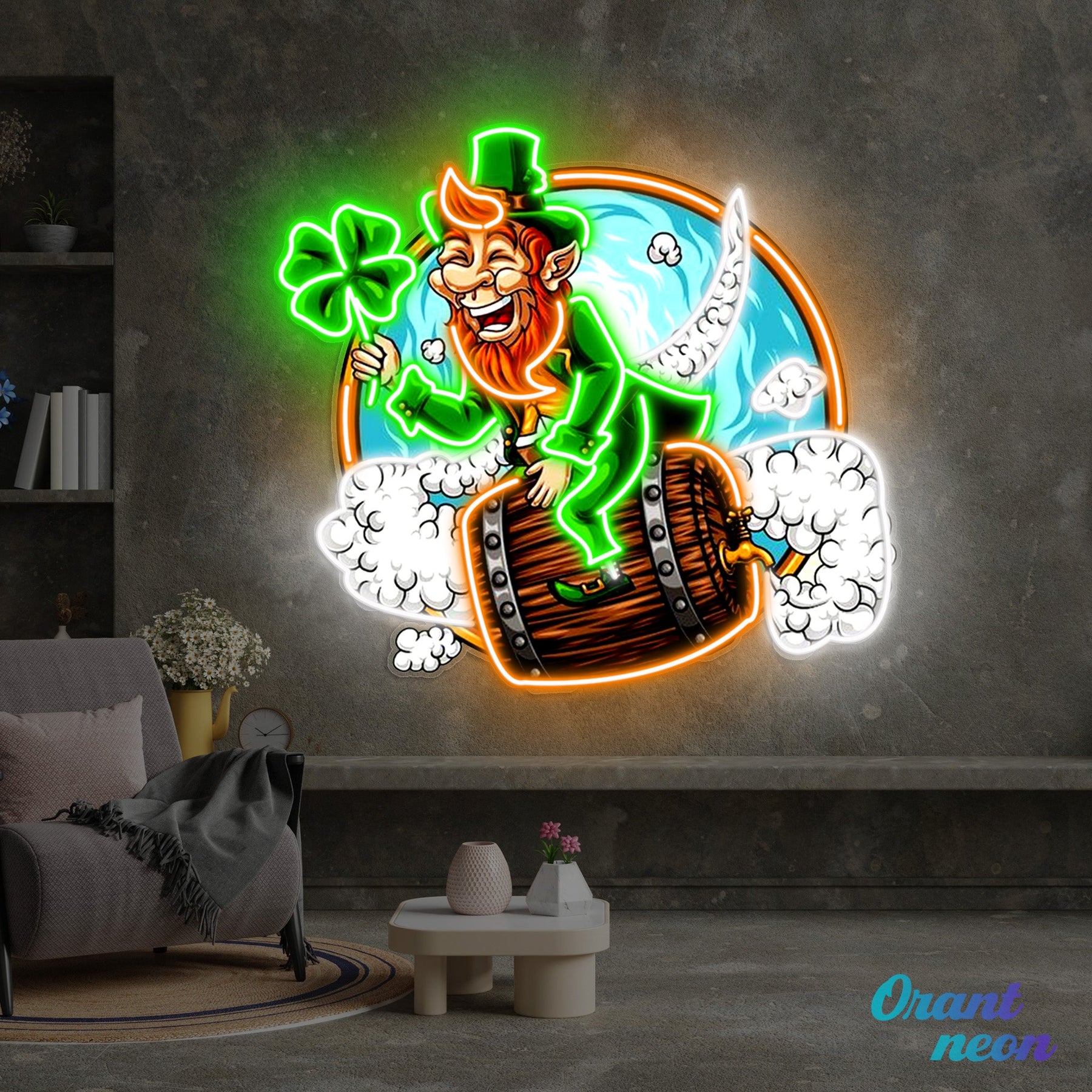 Patrick's Day Goblin Flying On A Wine Valley Holding A Four Leaf Clover Led Neon Acrylic Artwork