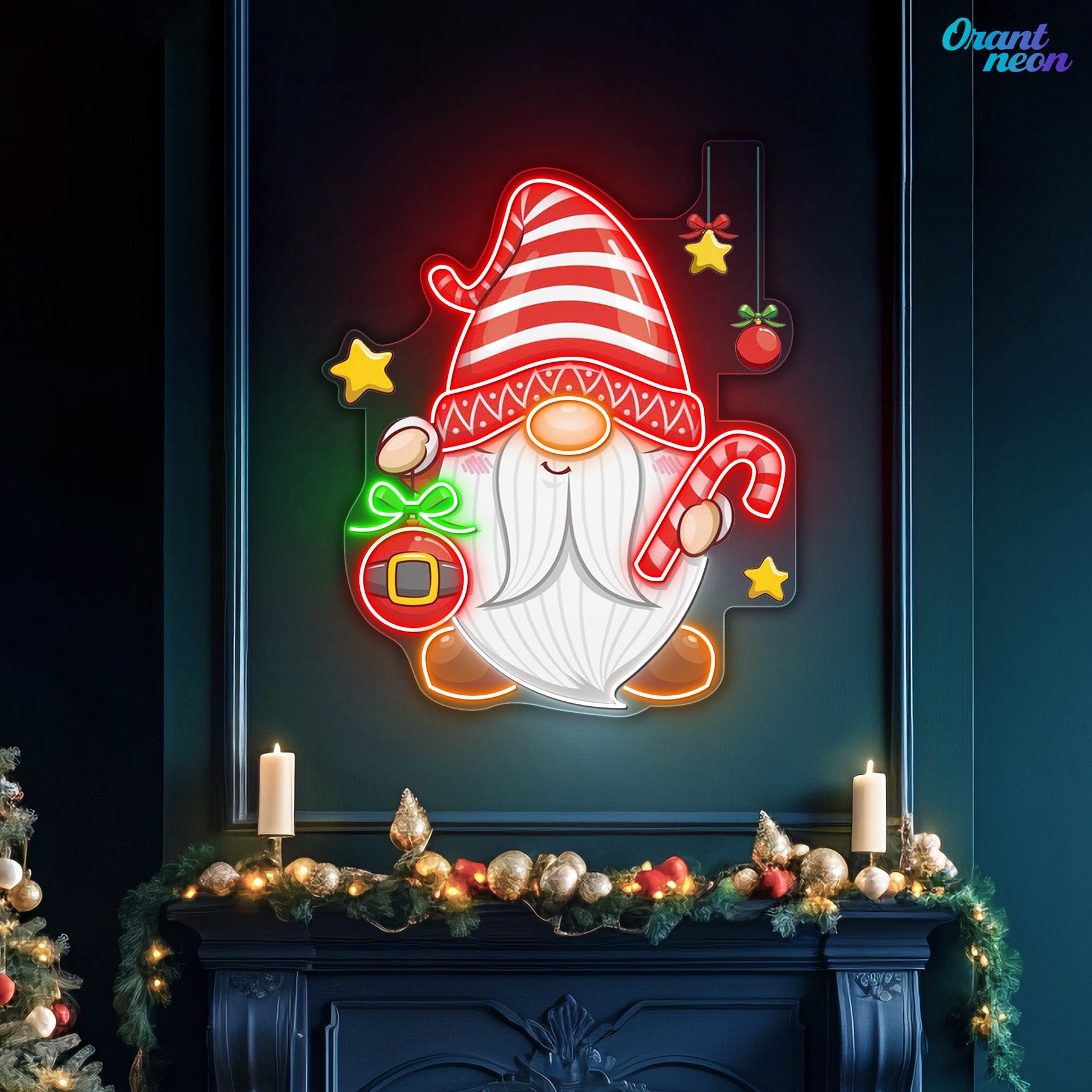 Christmas Dwarf with Bauble and Candy Neon Sign Light Artwork