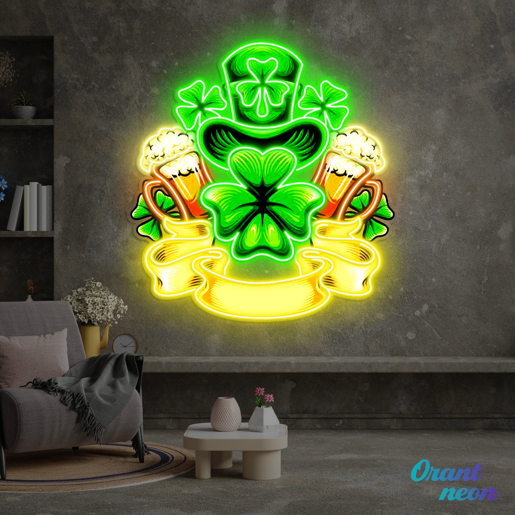 Patrick's Day Hat, Beer And Lucky Leaf Clover Led Neon Acrylic Artwork