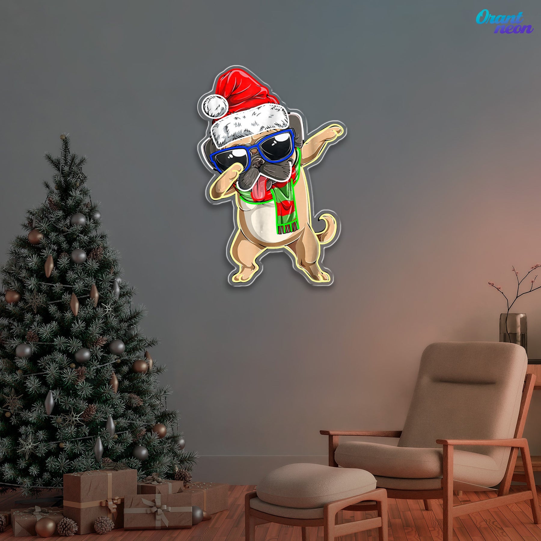 Christmas Pug in Neon Light: A Dapt Delight Neon Sign Light Artwork
