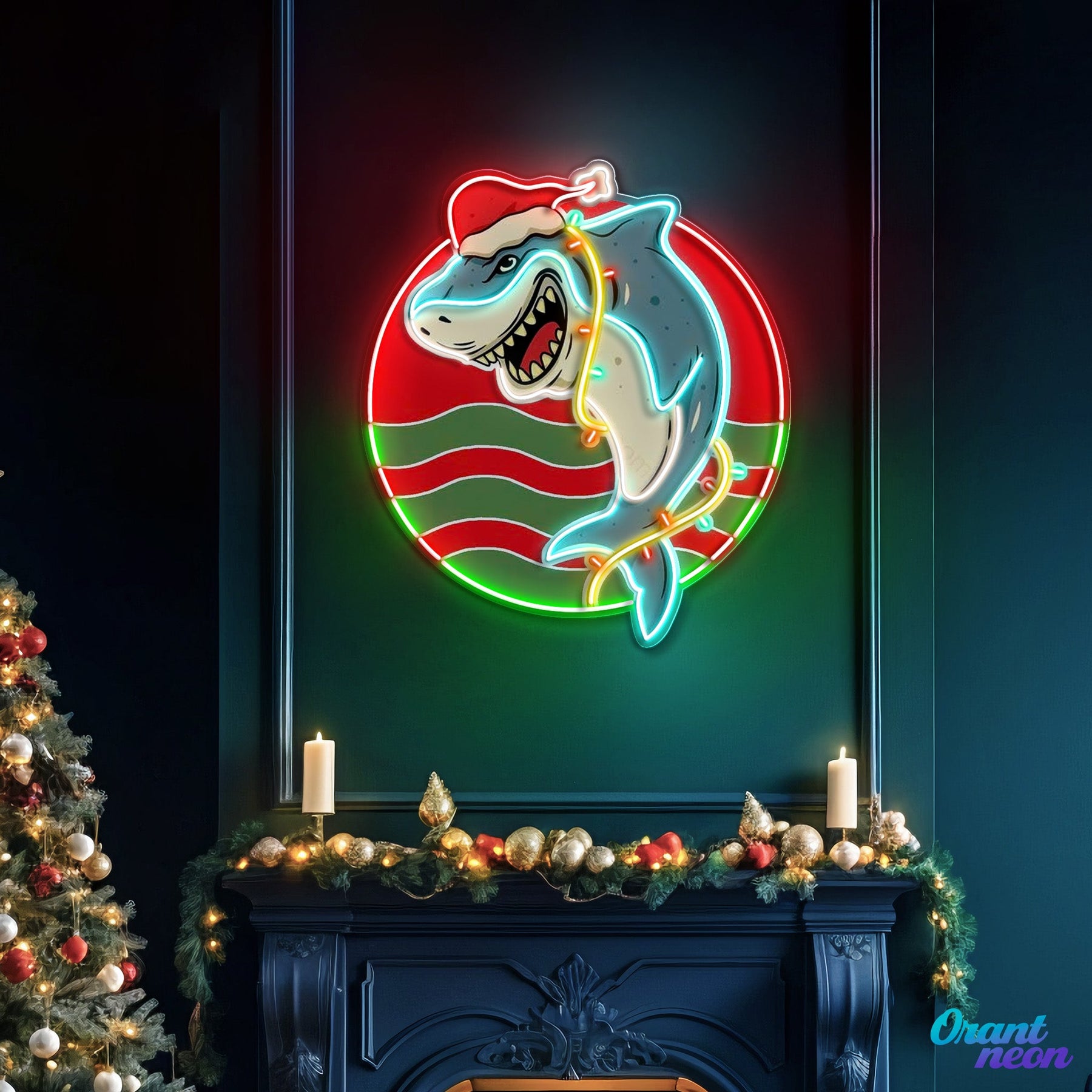 Festive Neon Sign Lights with a Shark Bite Artwork