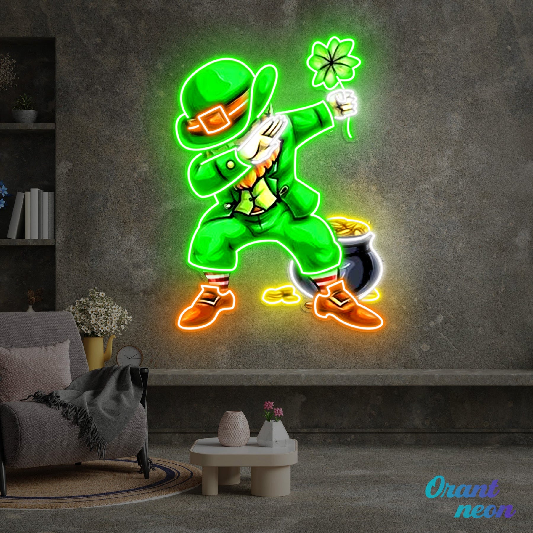 Patrick's Day Goblin Do A Dab and Hold A Four Leaf Clover Led Neon Acrylic Artwork