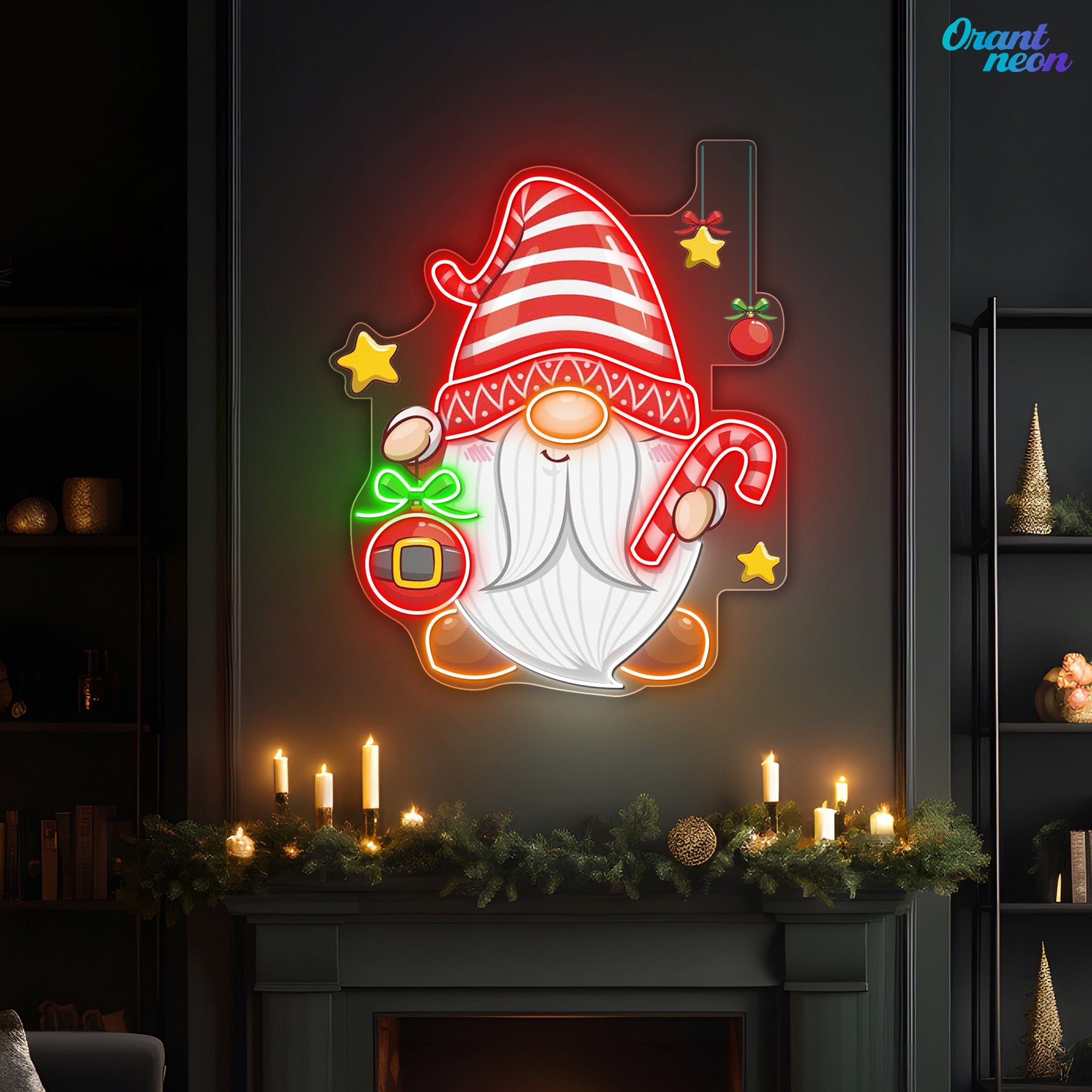 Christmas Dwarf with Bauble and Candy Neon Sign Light Artwork