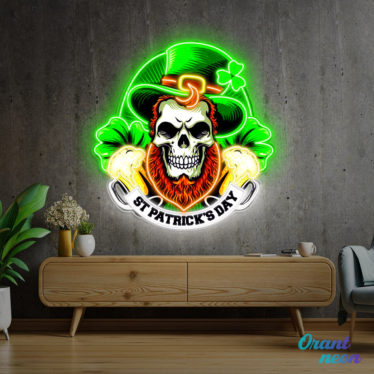 Patrick's Day Skull Wearing Hat And Beer Led Neon Acrylic Artwork