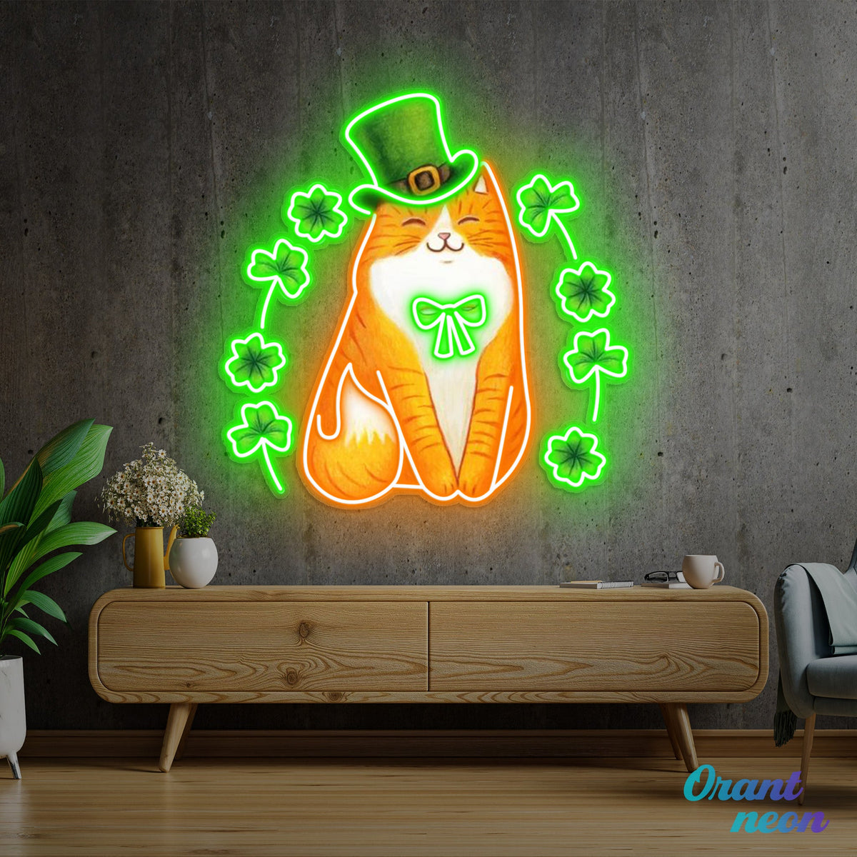 Patrick's Day Cute Cat with Lucky Four Leaf Clover Led Neon Acrylic Artwork
