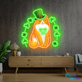 Patrick's Day Cute Cat with Lucky Four Leaf Clover Led Neon Acrylic Artwork