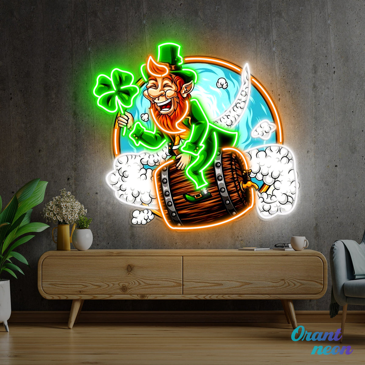 Patrick's Day Goblin Flying On A Wine Valley Holding A Four Leaf Clover Led Neon Acrylic Artwork
