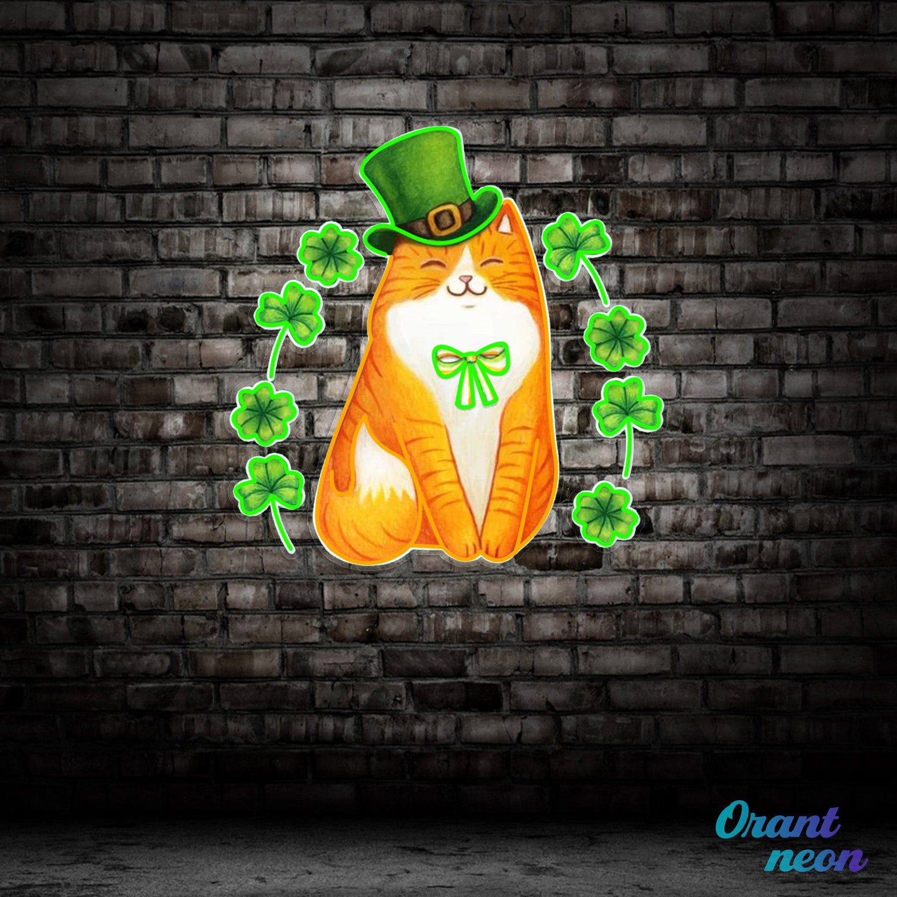 Patrick's Day Cute Cat with Lucky Four Leaf Clover Led Neon Acrylic Artwork