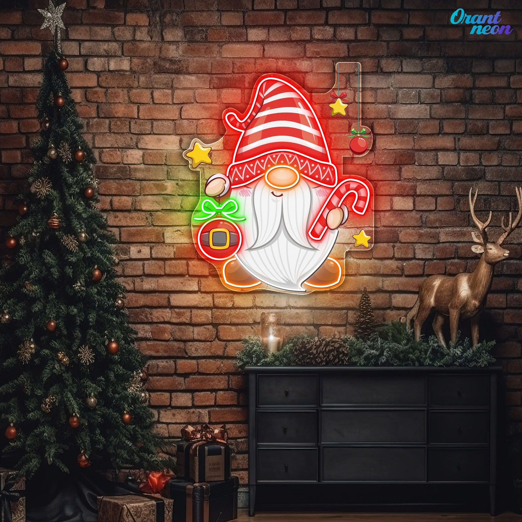 Christmas Dwarf with Bauble and Candy Neon Sign Light Artwork