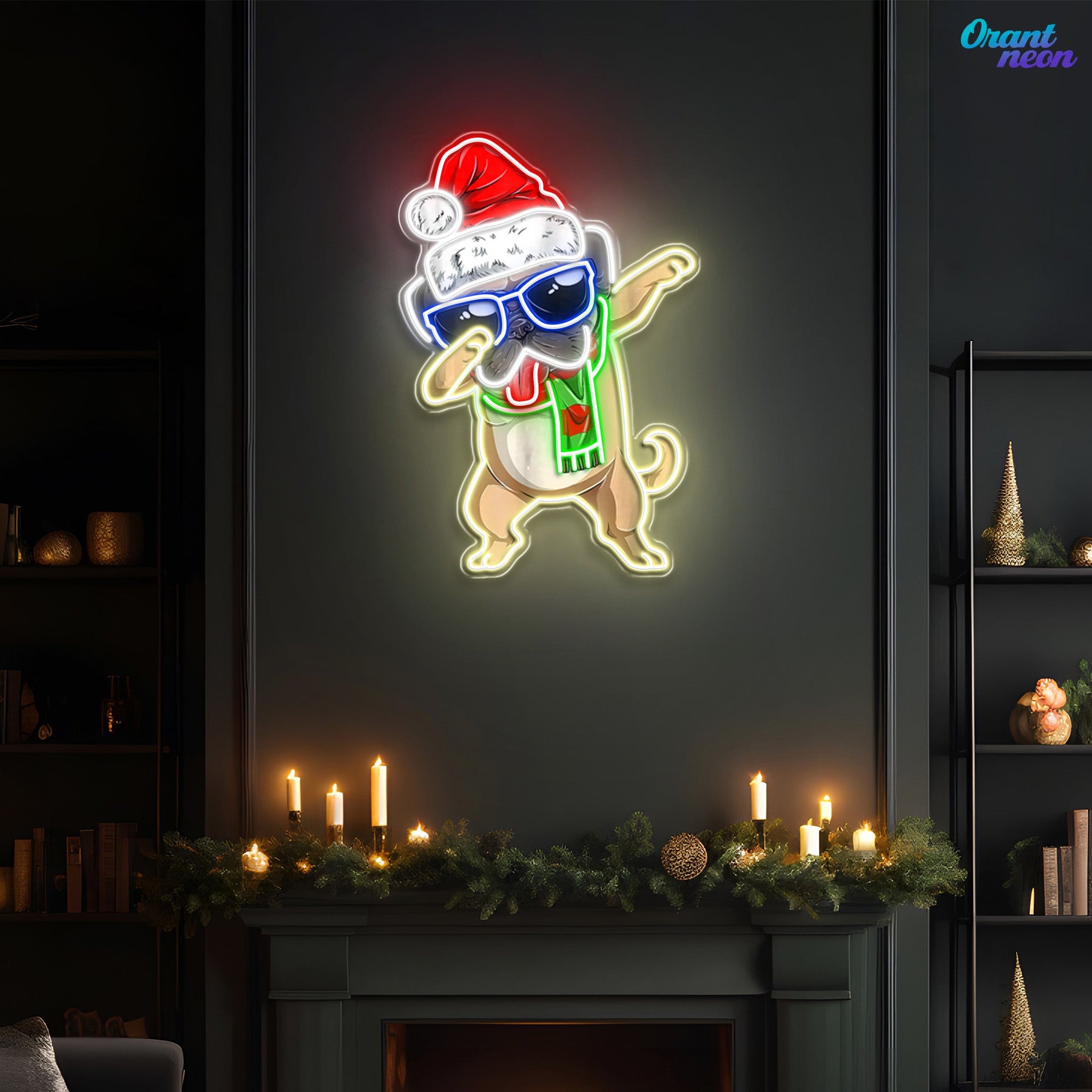 Christmas Pug in Neon Light: A Dapt Delight Neon Sign Light Artwork