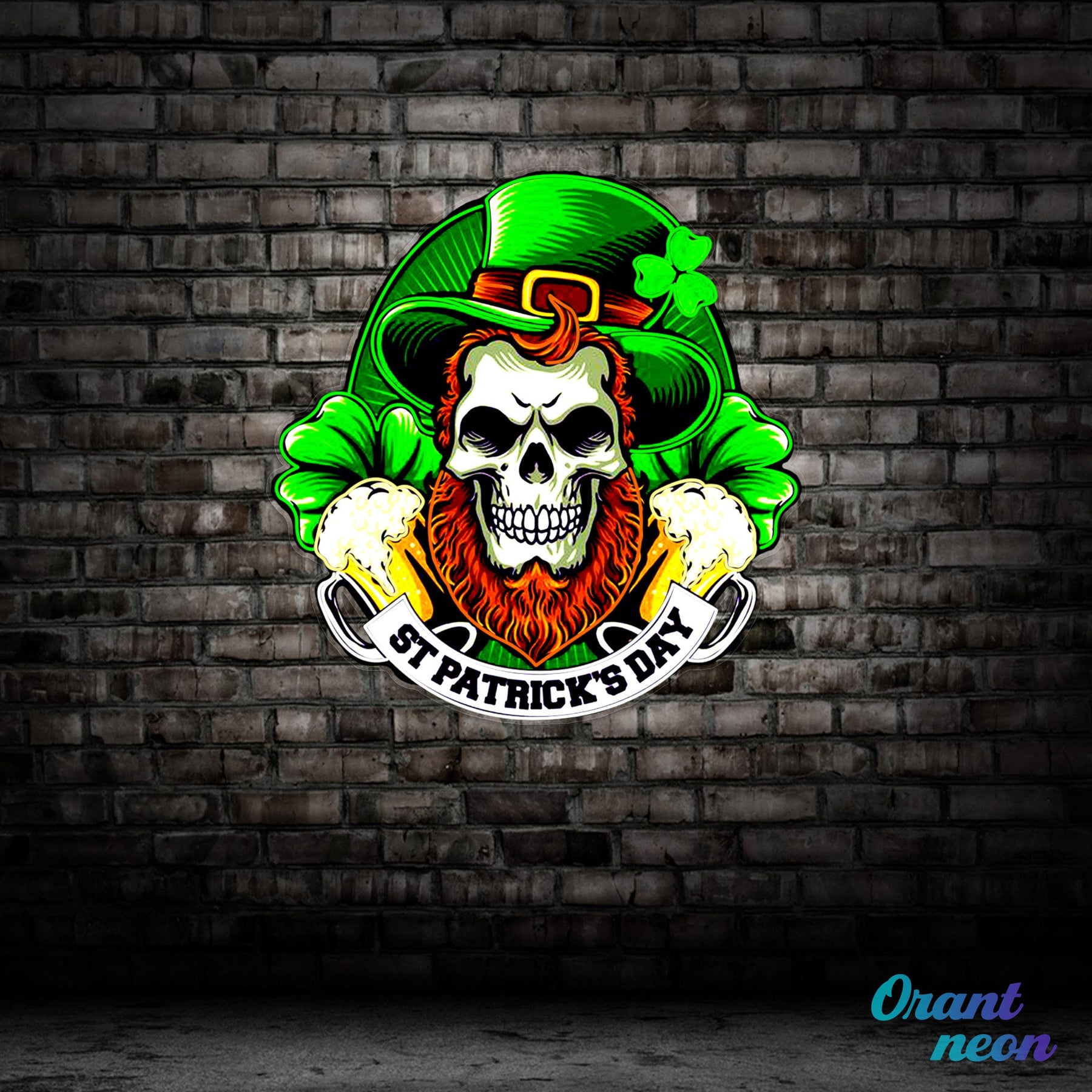 Patrick's Day Skull Wearing Hat And Beer Led Neon Acrylic Artwork