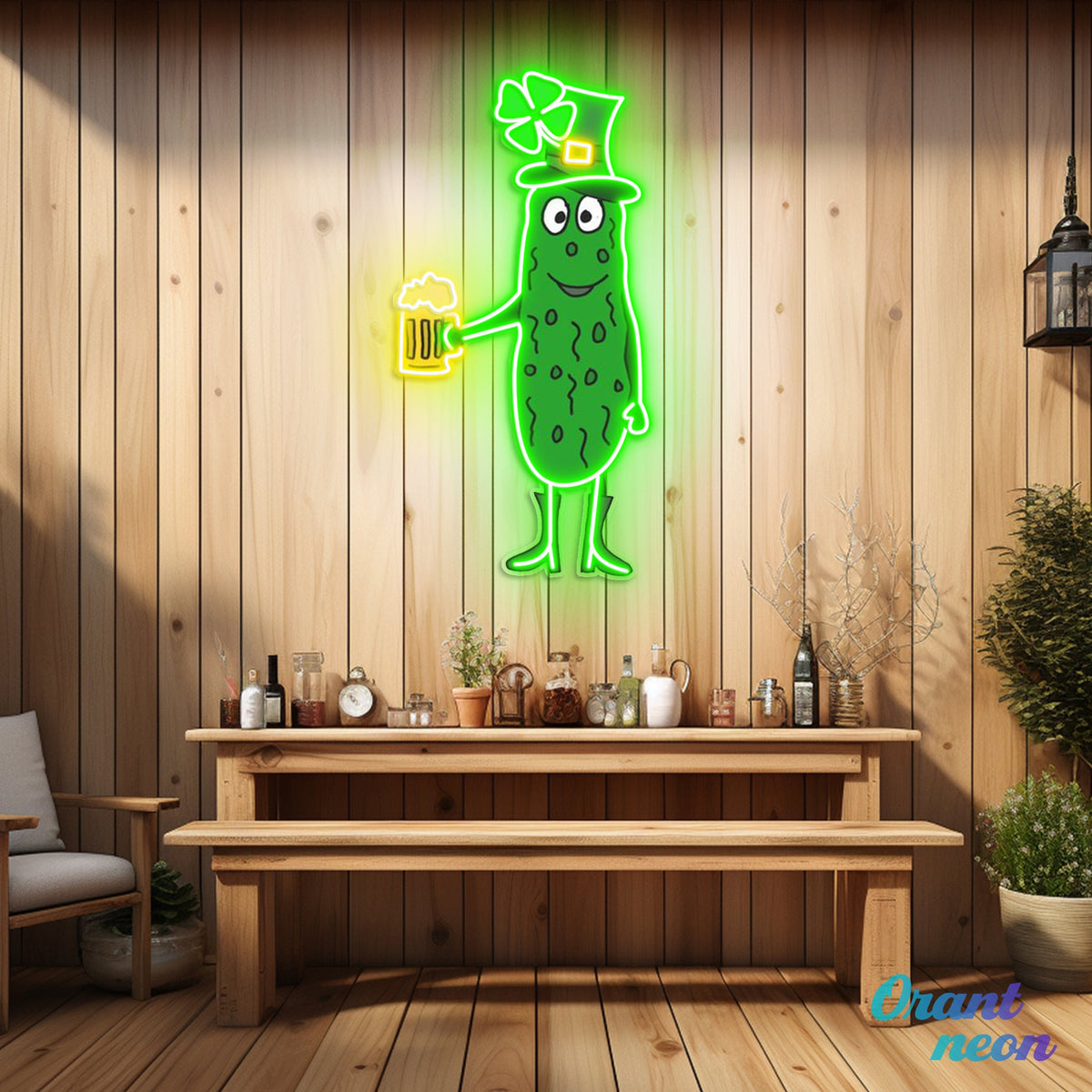 Patrick's Day Cucumber Wearing Hat and Drinking Beer Led Neon Acrylic Artwork