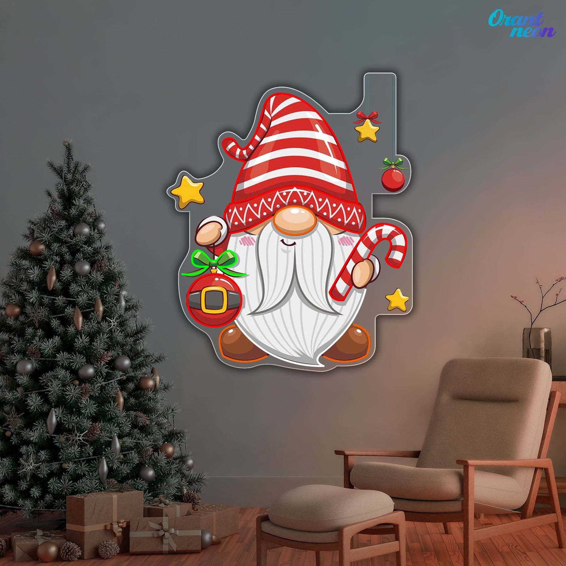 Christmas Dwarf with Bauble and Candy Neon Sign Light Artwork