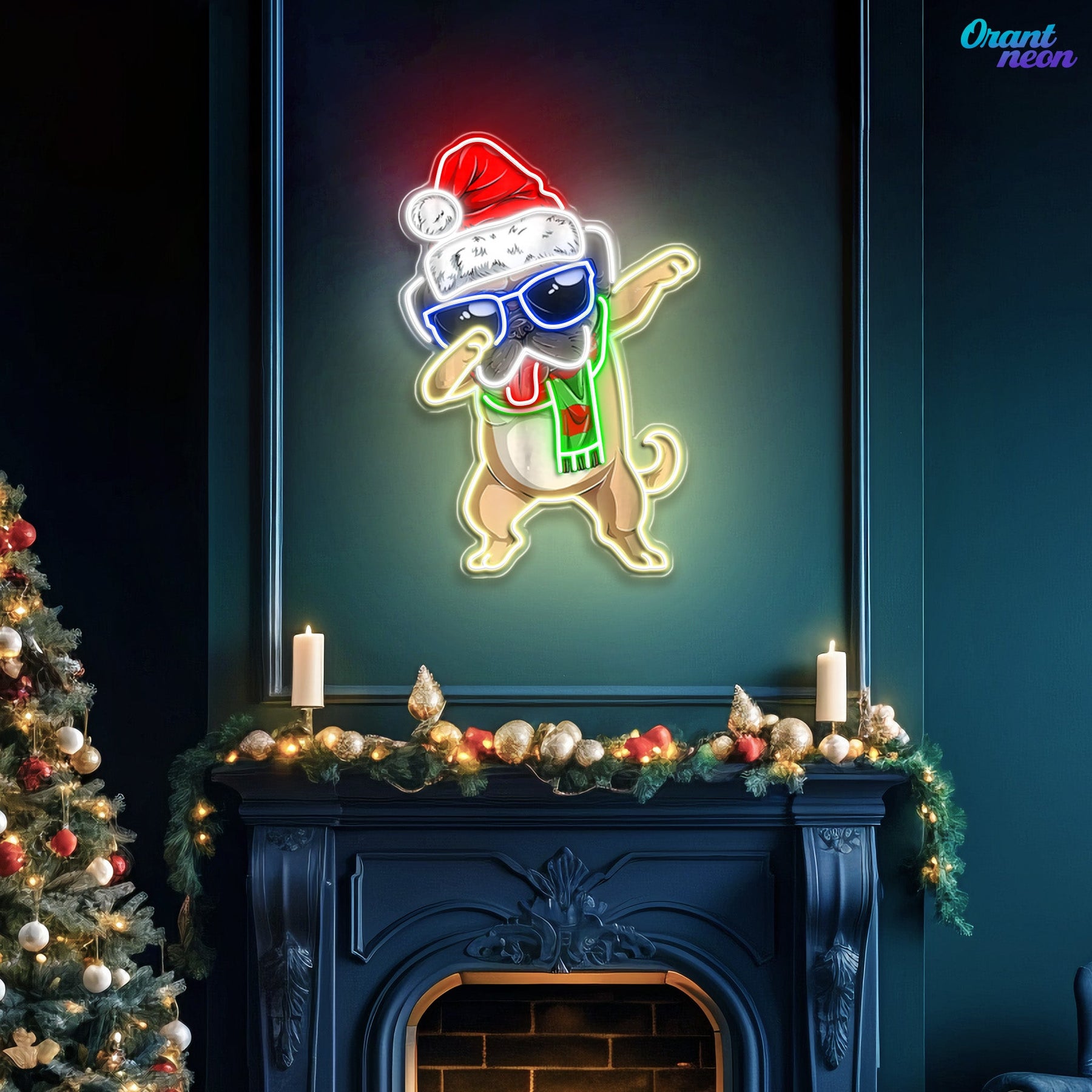 Christmas Pug in Neon Light: A Dapt Delight Neon Sign Light Artwork