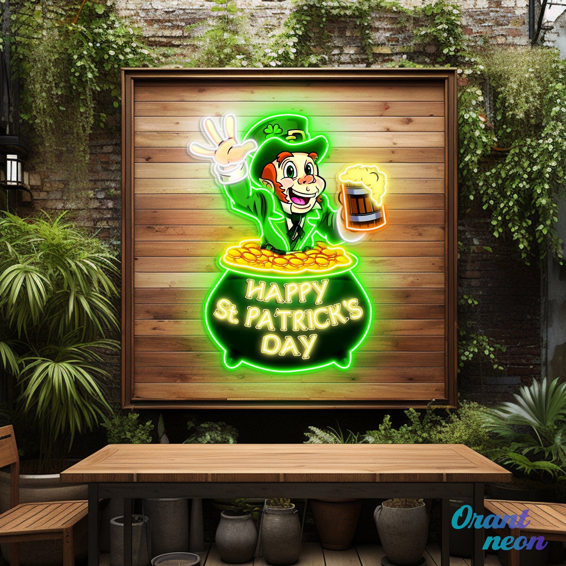 Patrick's Day Goblin Holding Beer In Money Valley Led Neon Acrylic Artwork
