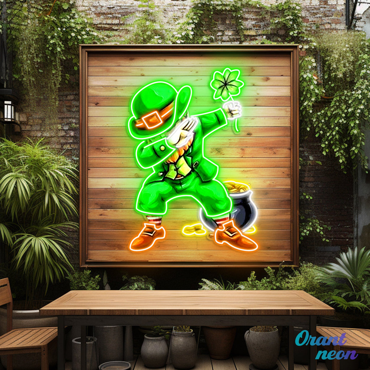 Patrick's Day Goblin Do A Dab and Hold A Four Leaf Clover Led Neon Acrylic Artwork