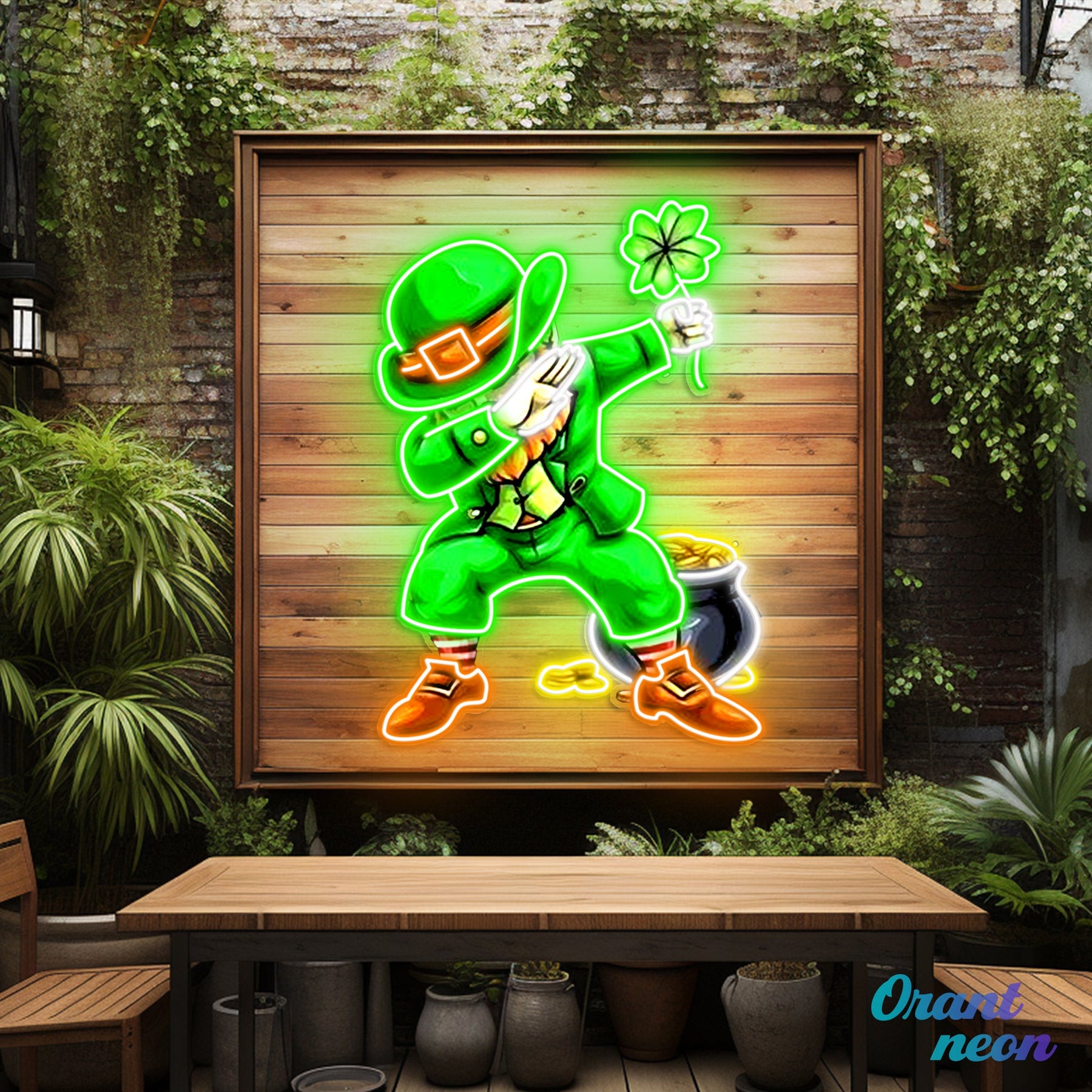 Patrick's Day Goblin Do A Dab and Hold A Four Leaf Clover Led Neon Acrylic Artwork