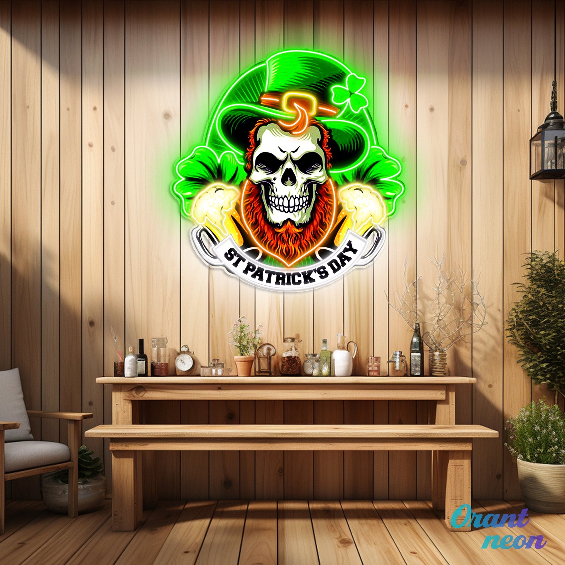 Patrick's Day Skull Wearing Hat And Beer Led Neon Acrylic Artwork