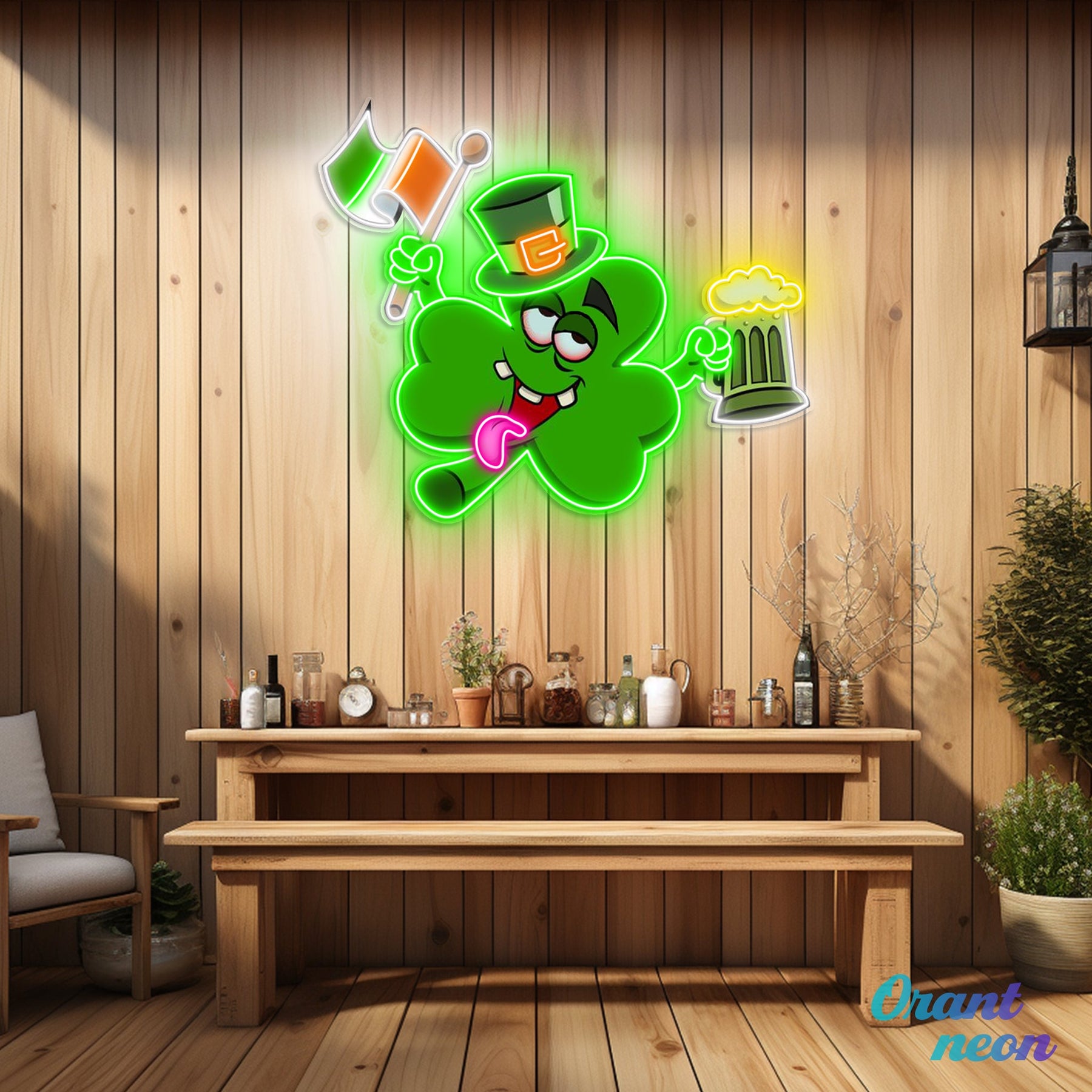 Patrick's Day Drunken Clover with Flag and Beer Led Neon Acrylic Artwork