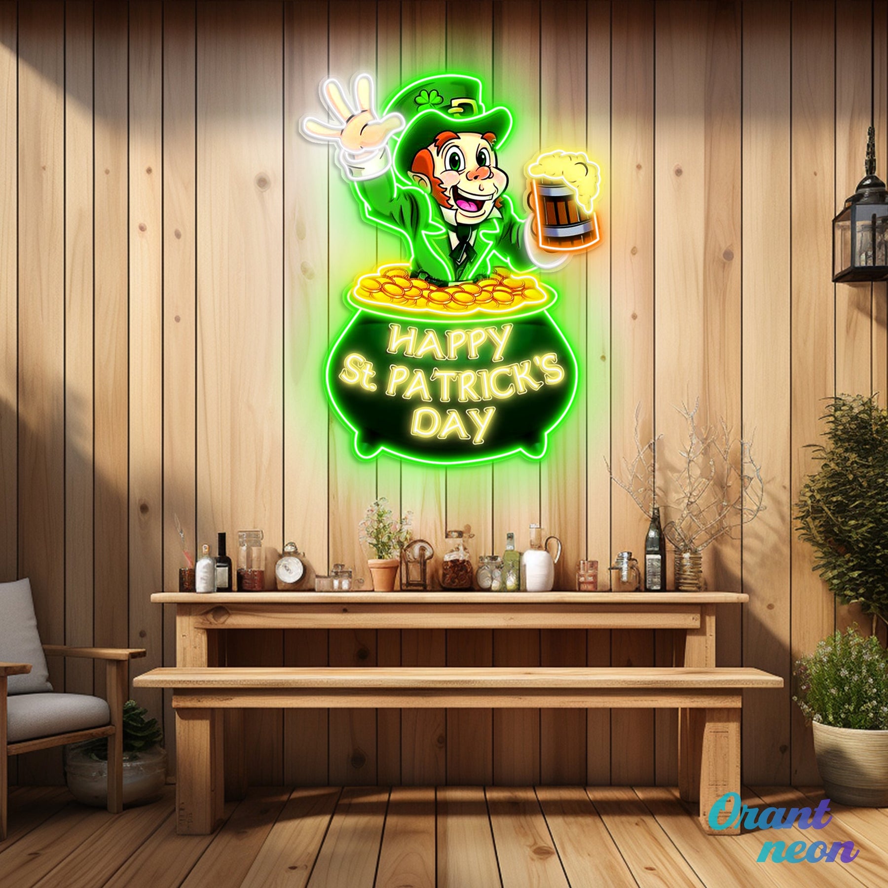 Patrick's Day Goblin Holding Beer In Money Valley Led Neon Acrylic Artwork