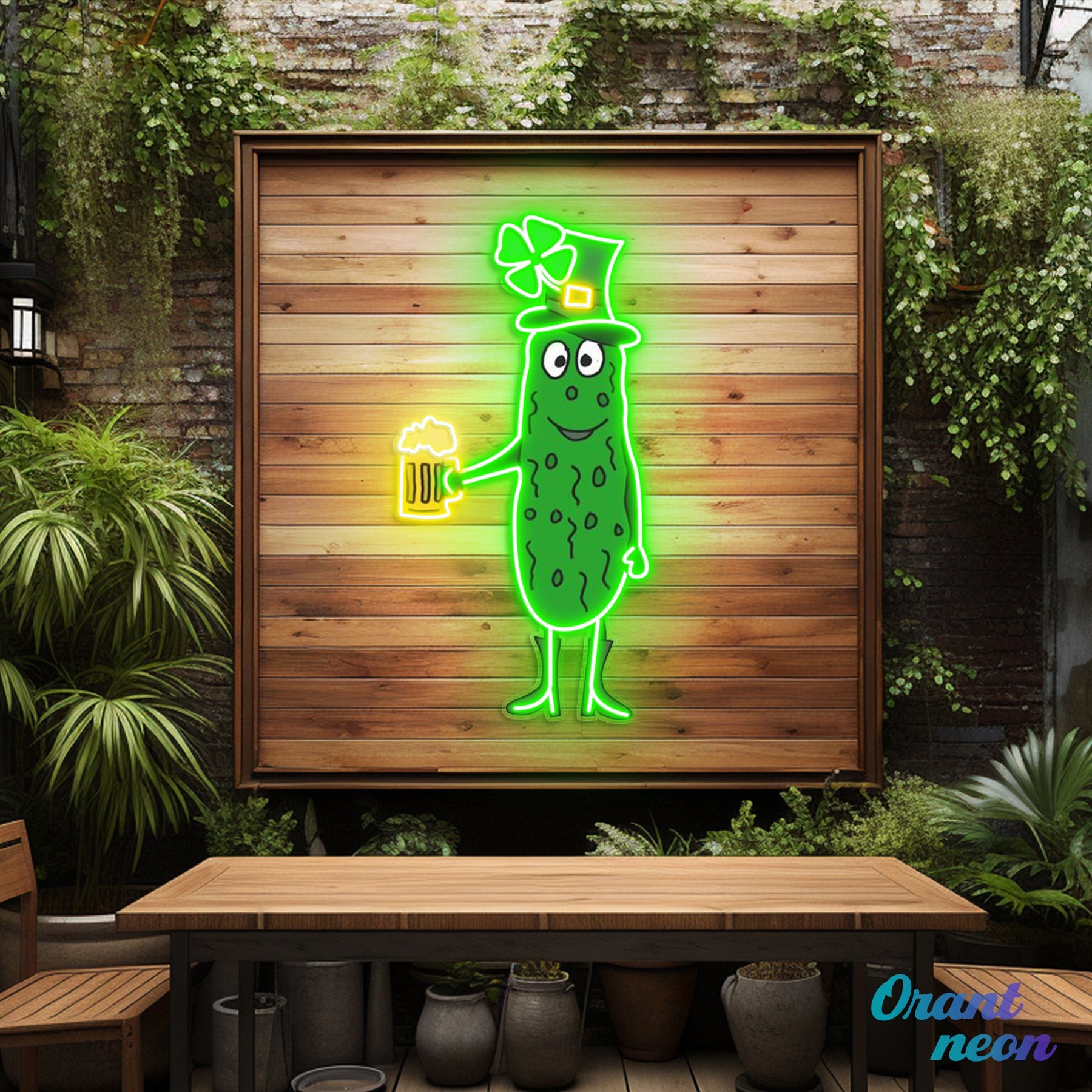 Patrick's Day Cucumber Wearing Hat and Drinking Beer Led Neon Acrylic Artwork