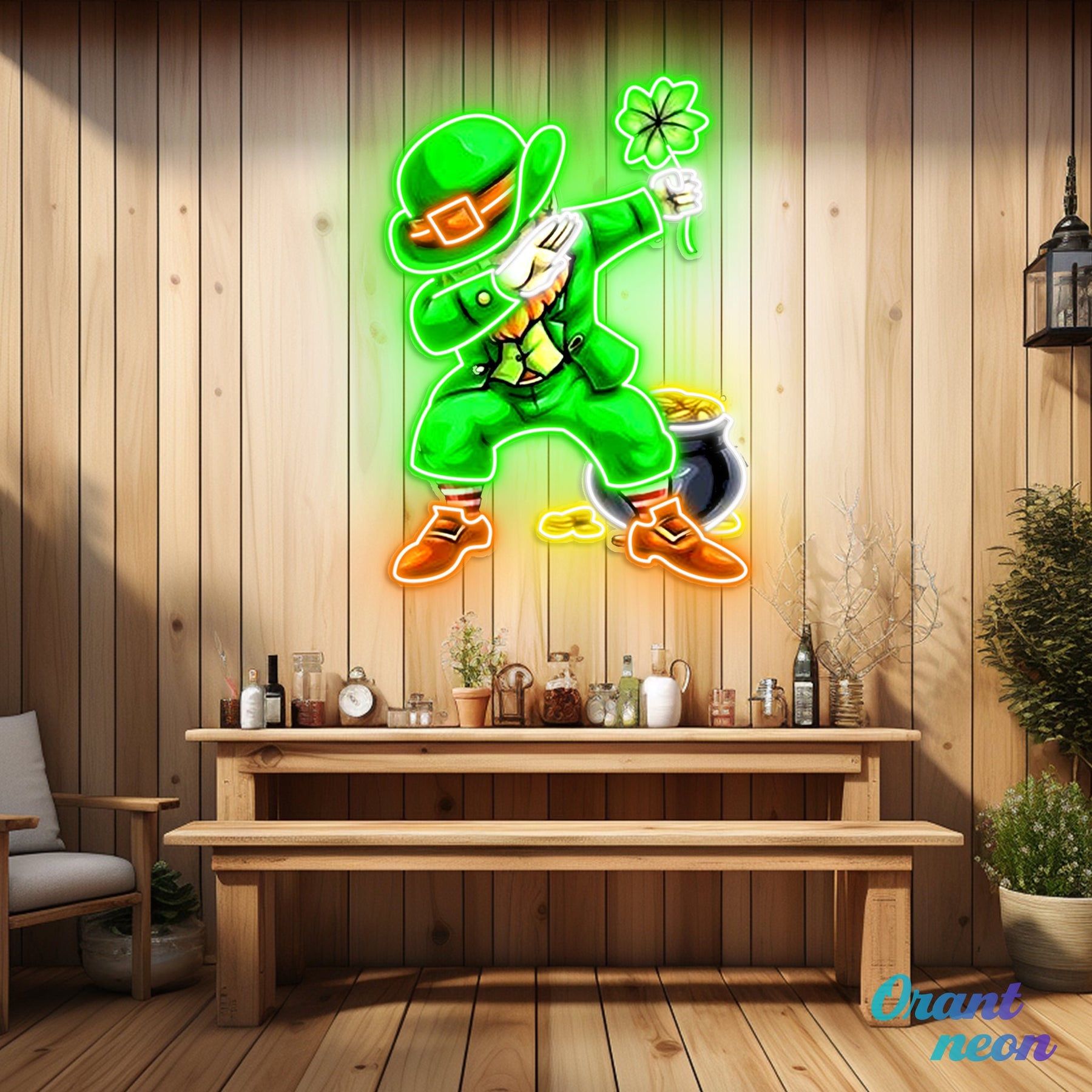 Patrick's Day Goblin Do A Dab and Hold A Four Leaf Clover Led Neon Acrylic Artwork