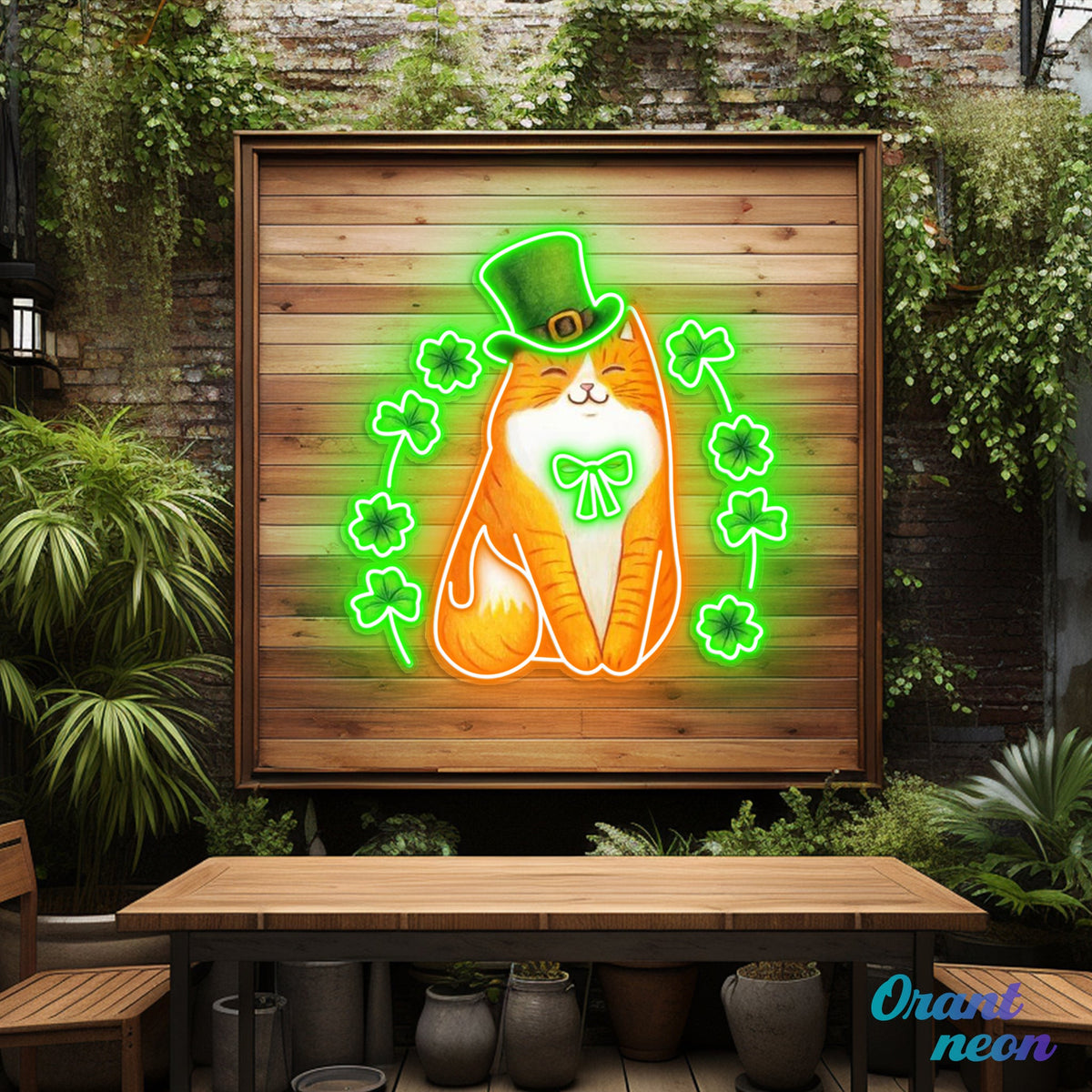 Patrick's Day Cute Cat with Lucky Four Leaf Clover Led Neon Acrylic Artwork