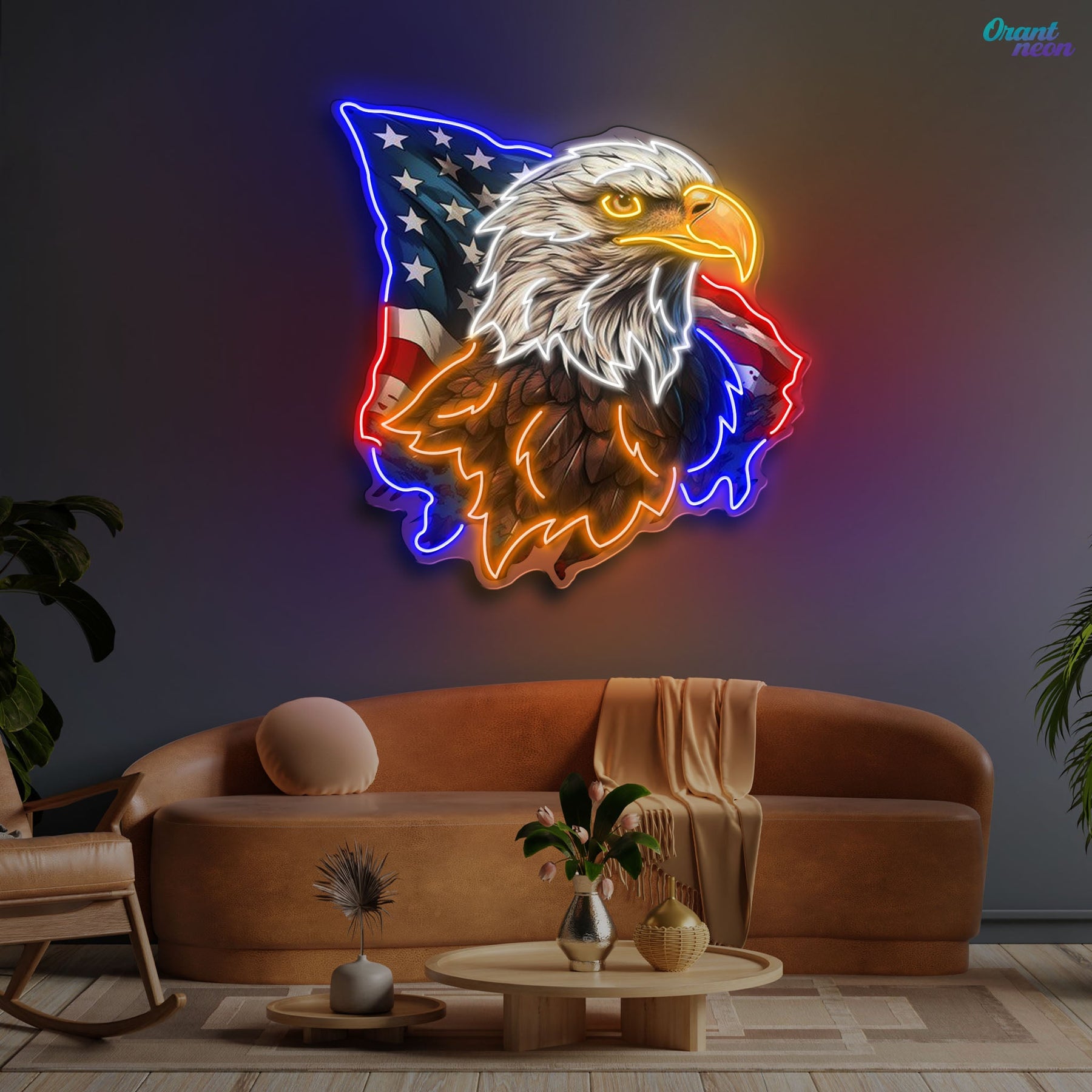 Flying America flag with US Eagle Head Neon Sign Light Artwork