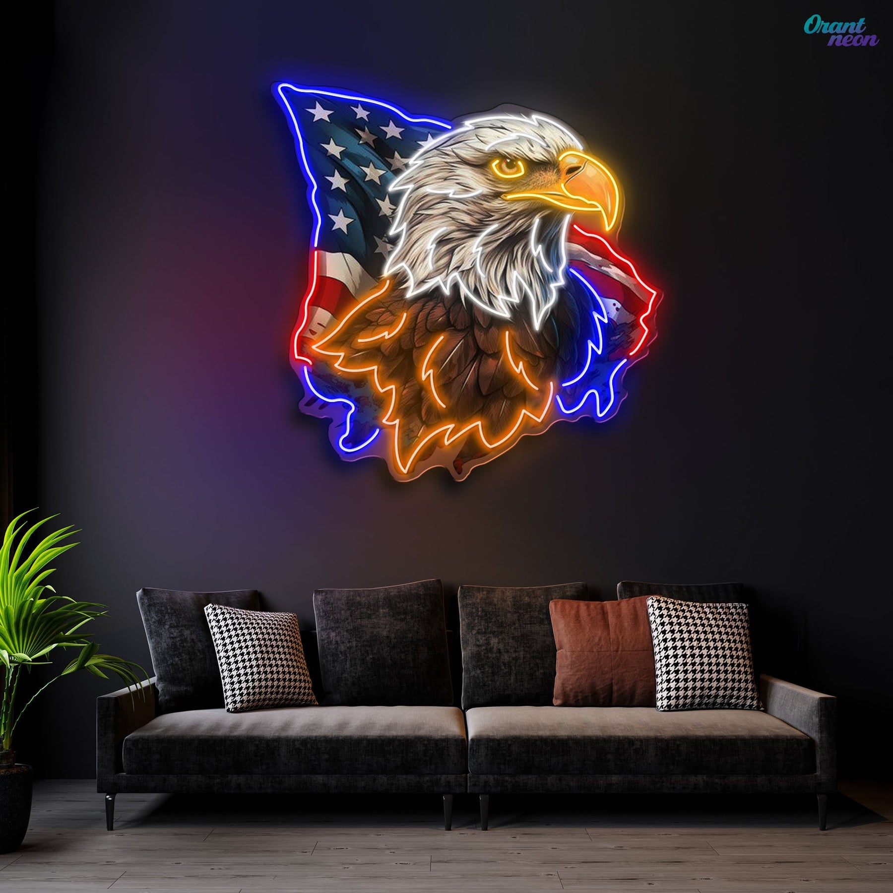 Flying America flag with US Eagle Head Neon Sign Light Artwork
