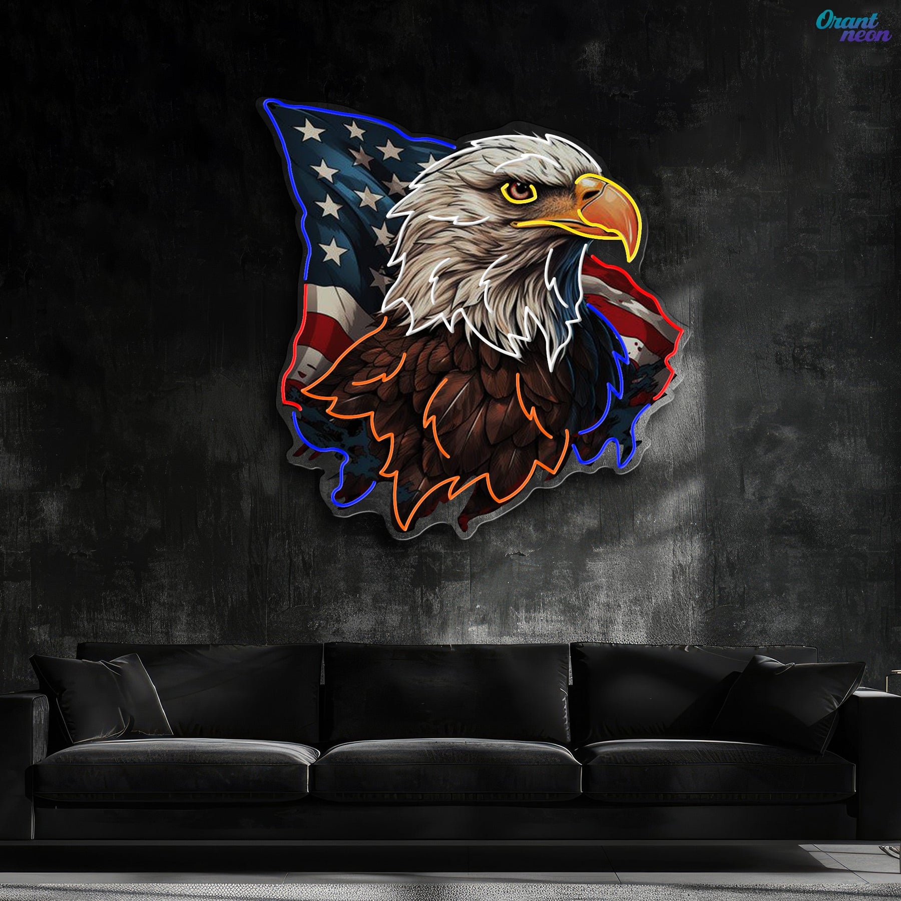 Flying America flag with US Eagle Head Neon Sign Light Artwork
