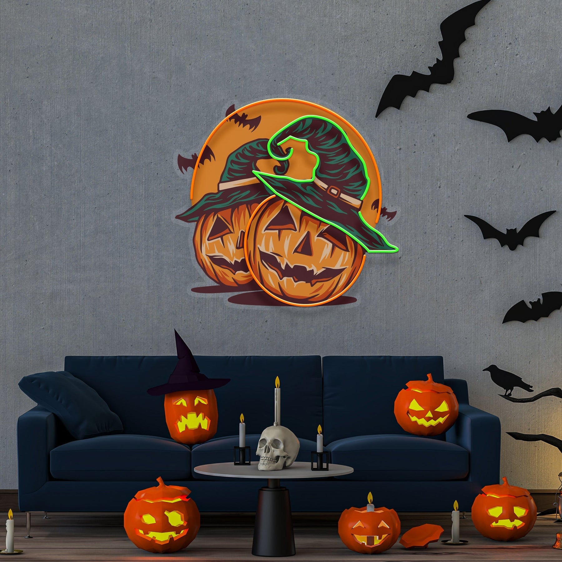 Halloween Pumpkin And Red Moon Artwork Led Neon Sign Light