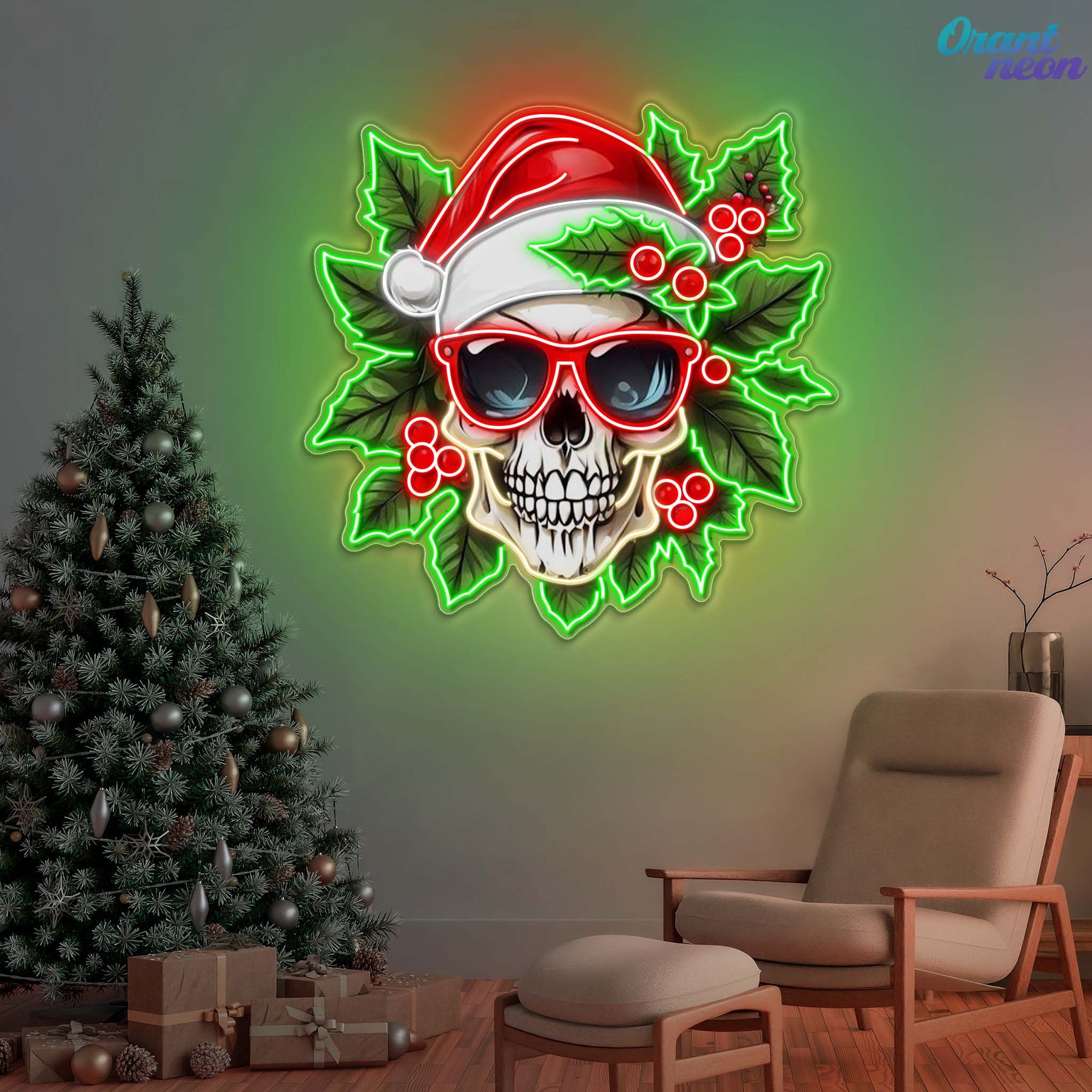 Holly Jolly Skull: Santa in Bloom Neon Sign Light Artwork