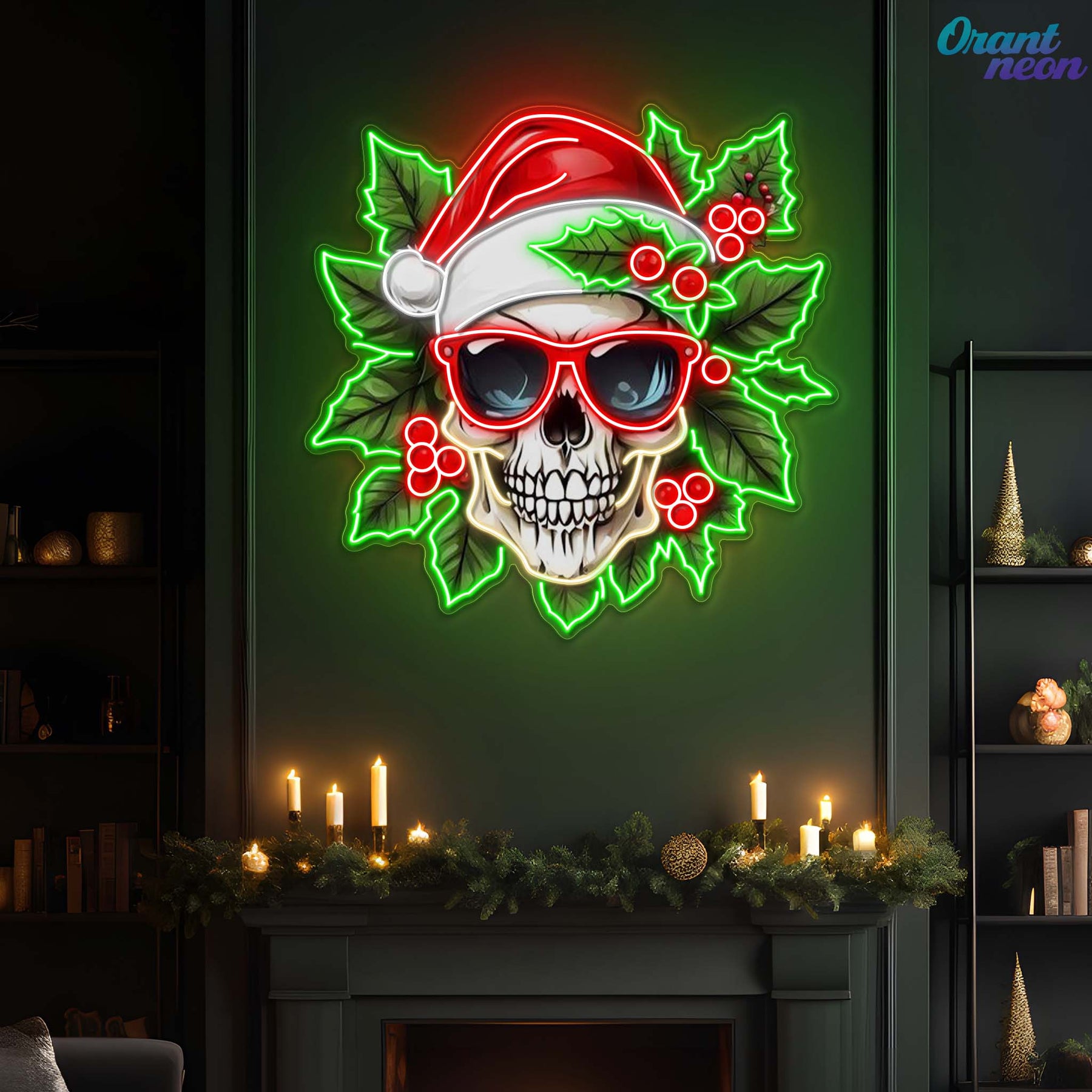 Holly Jolly Skull: Santa in Bloom Neon Sign Light Artwork