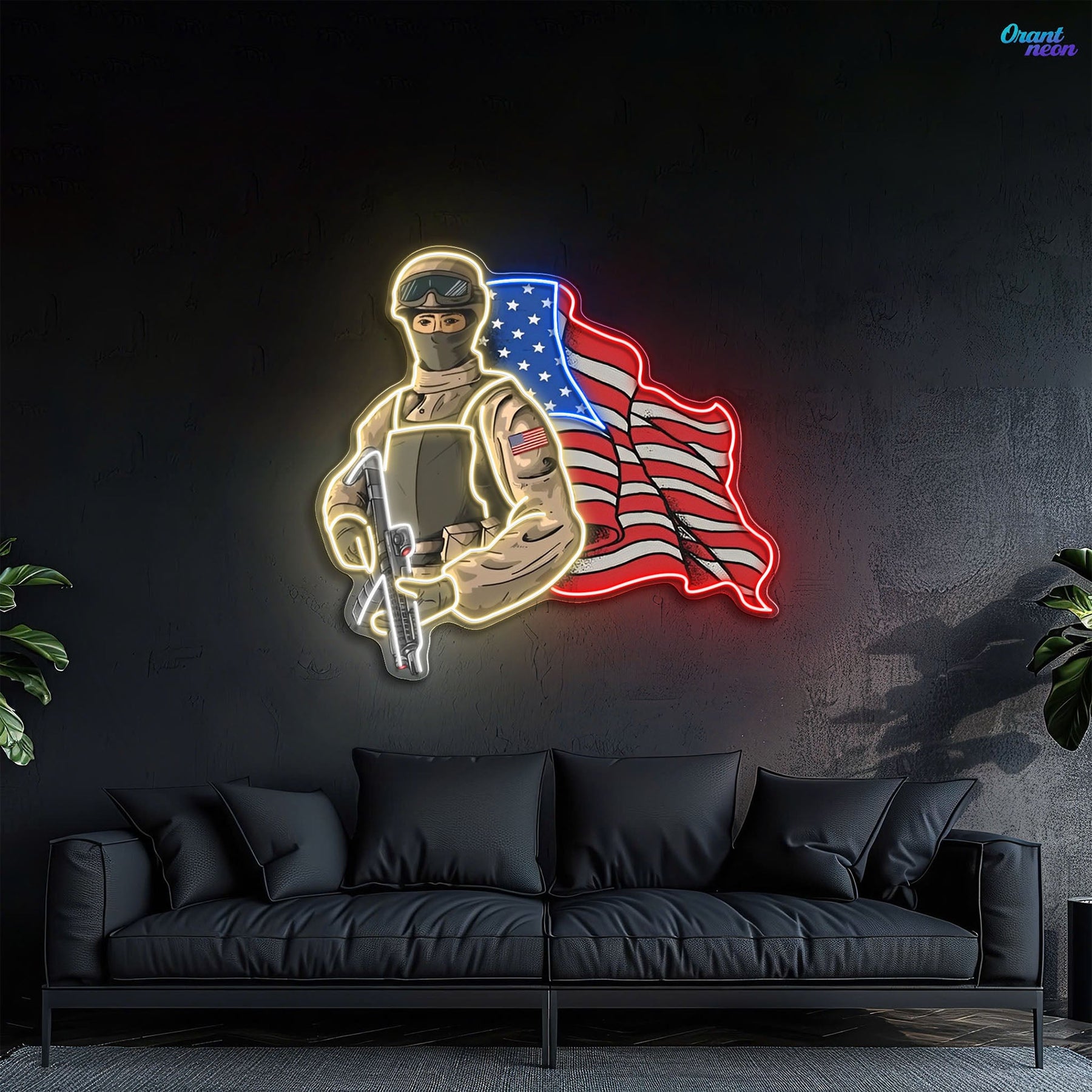 The American Pride - Soldier holds Gun and USA Flag Neon Sign Light Artwork