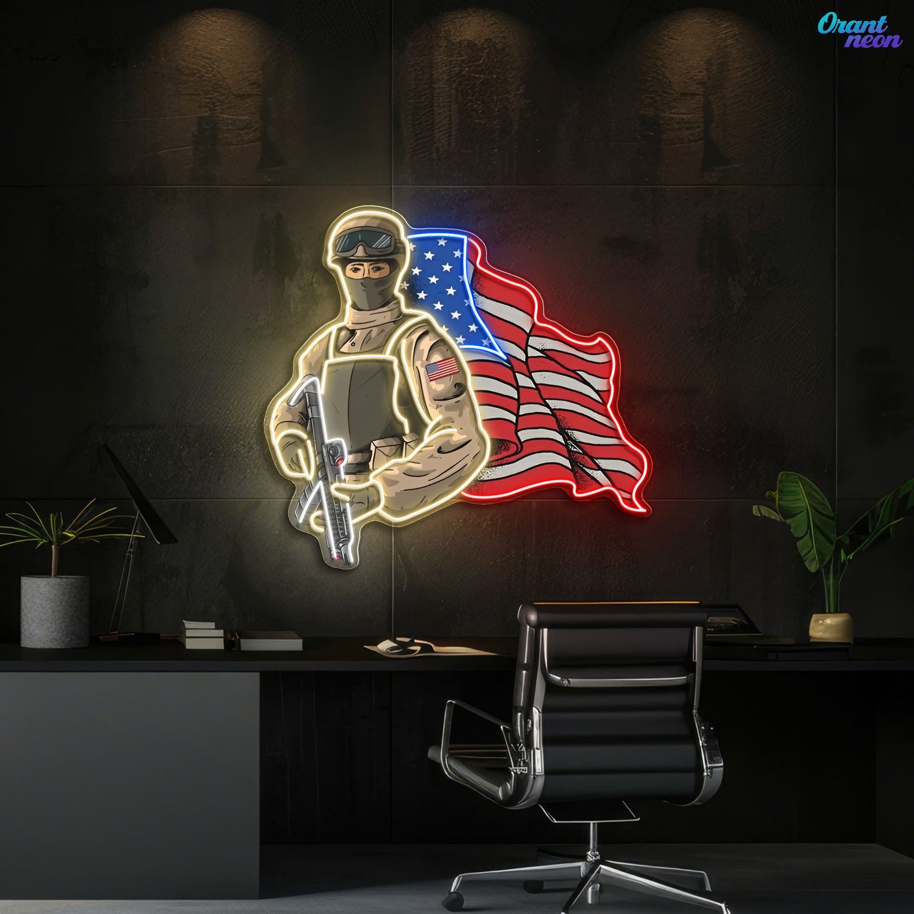 The American Pride - Soldier holds Gun and USA Flag Neon Sign Light Artwork