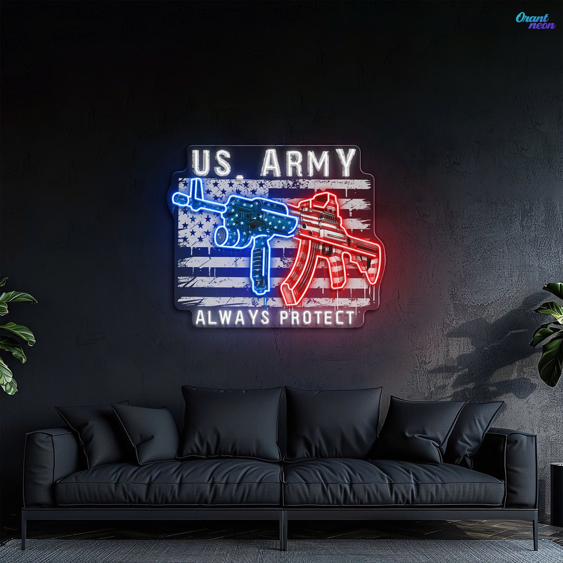 US Army - ArmaLite Rifle Gun and American Flag Neon Sign Light Artwork
