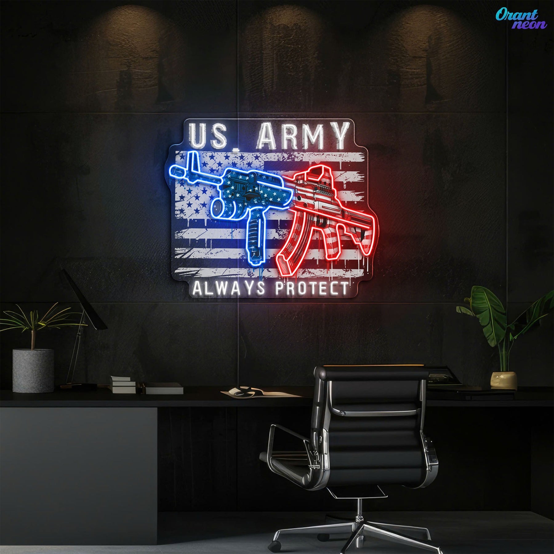 US Army - ArmaLite Rifle Gun and American Flag Neon Sign Light Artwork