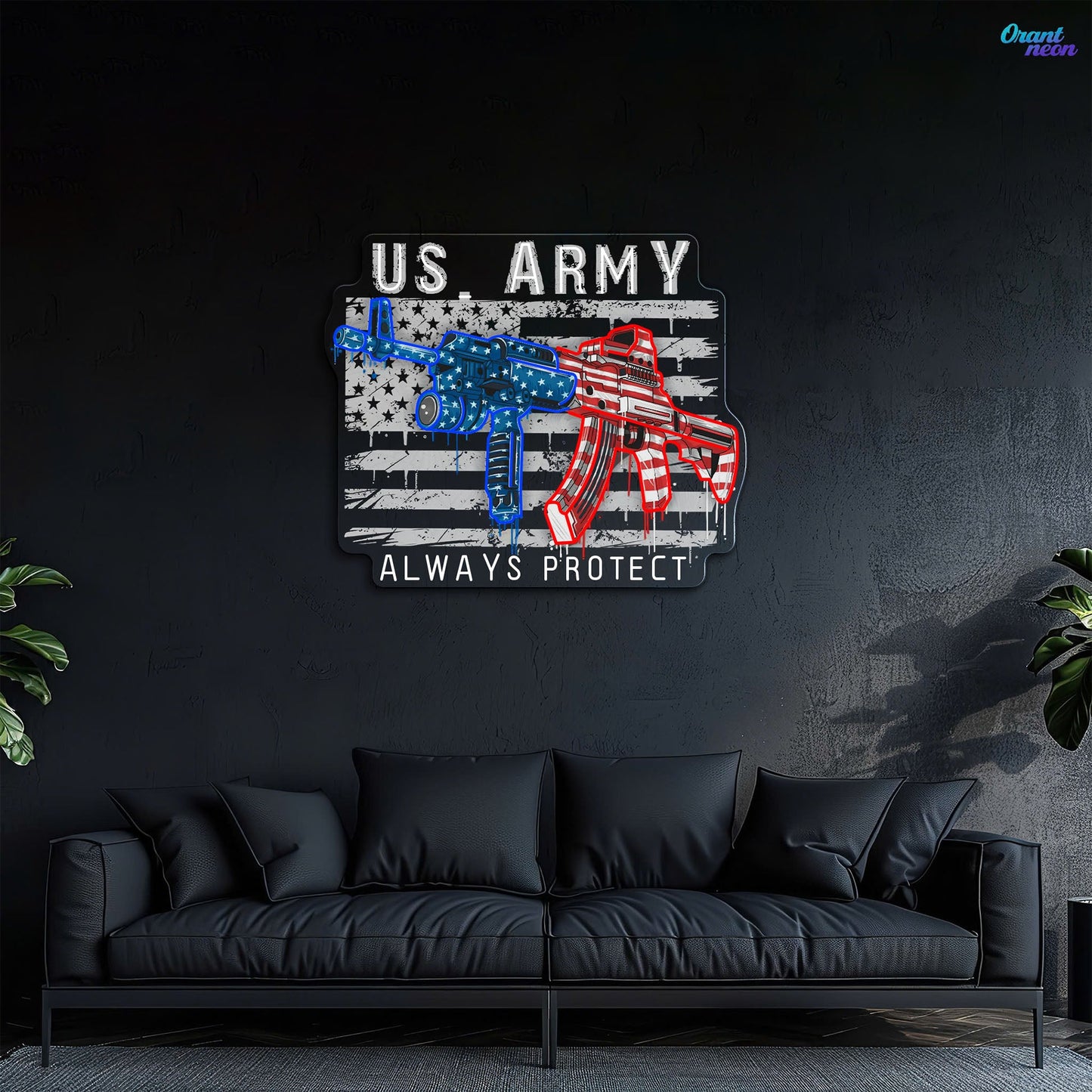 US Army - ArmaLite Rifle Gun and American Flag Neon Sign Light Artwork