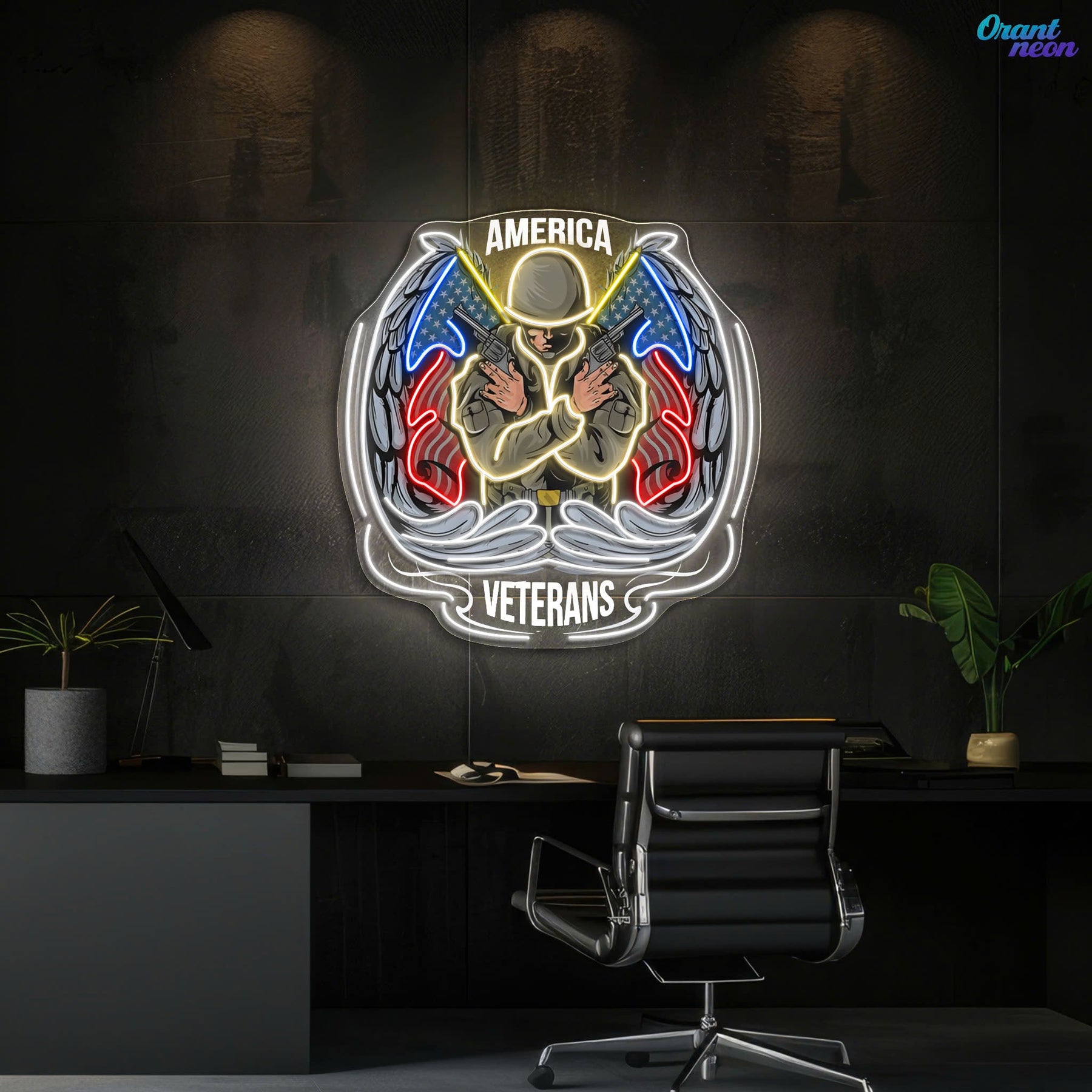 Angel Soldier hold Short Guns raise America Flags Neon Sign Light Artwork