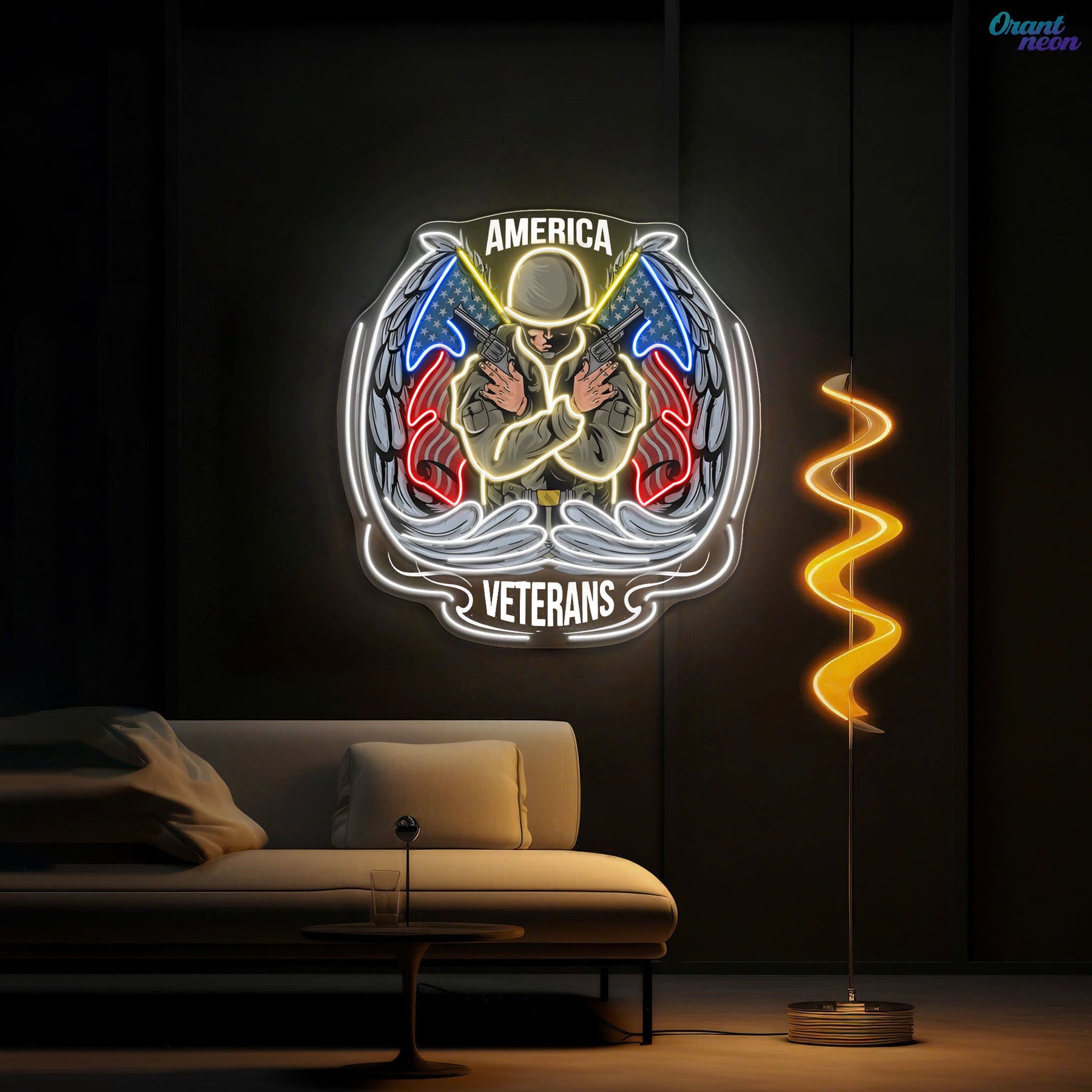 Angel Soldier hold Short Guns raise America Flags Neon Sign Light Artwork