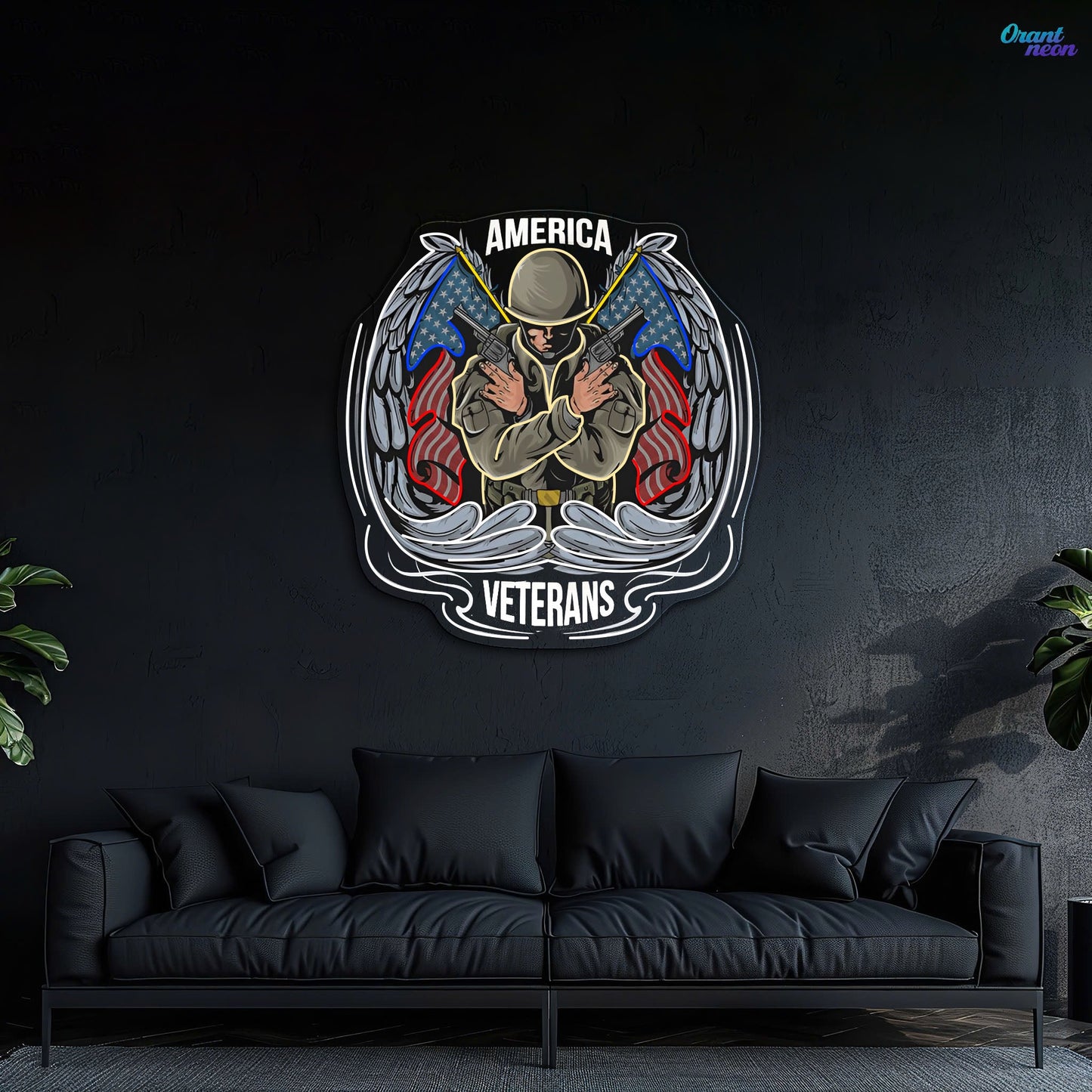 Angel Soldier hold Short Guns raise America Flags Neon Sign Light Artwork