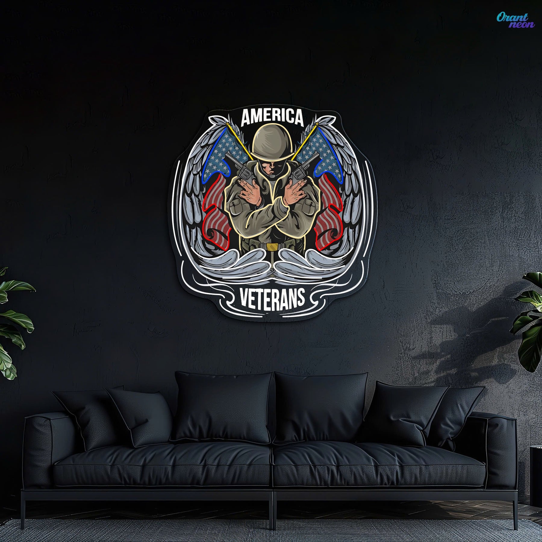 Angel Soldier hold Short Guns raise America Flags Neon Sign Light Artwork