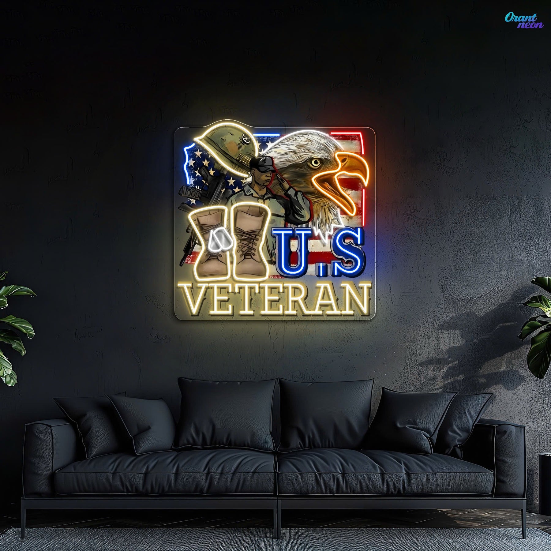 Eagle, Helmet, Gun and Boots gift for US Veteran Neon Sign Light Artwork