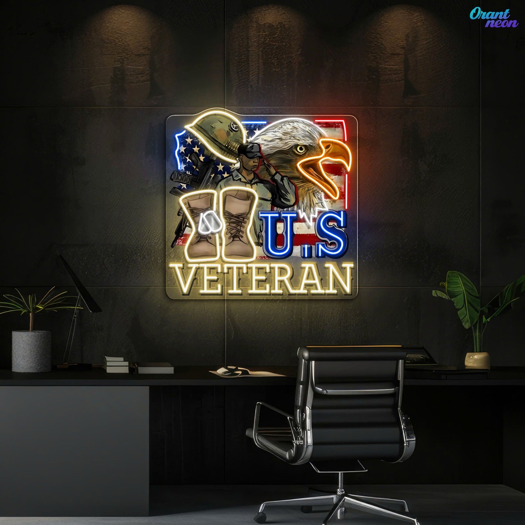 Eagle, Helmet, Gun and Boots gift for US Veteran Neon Sign Light Artwork