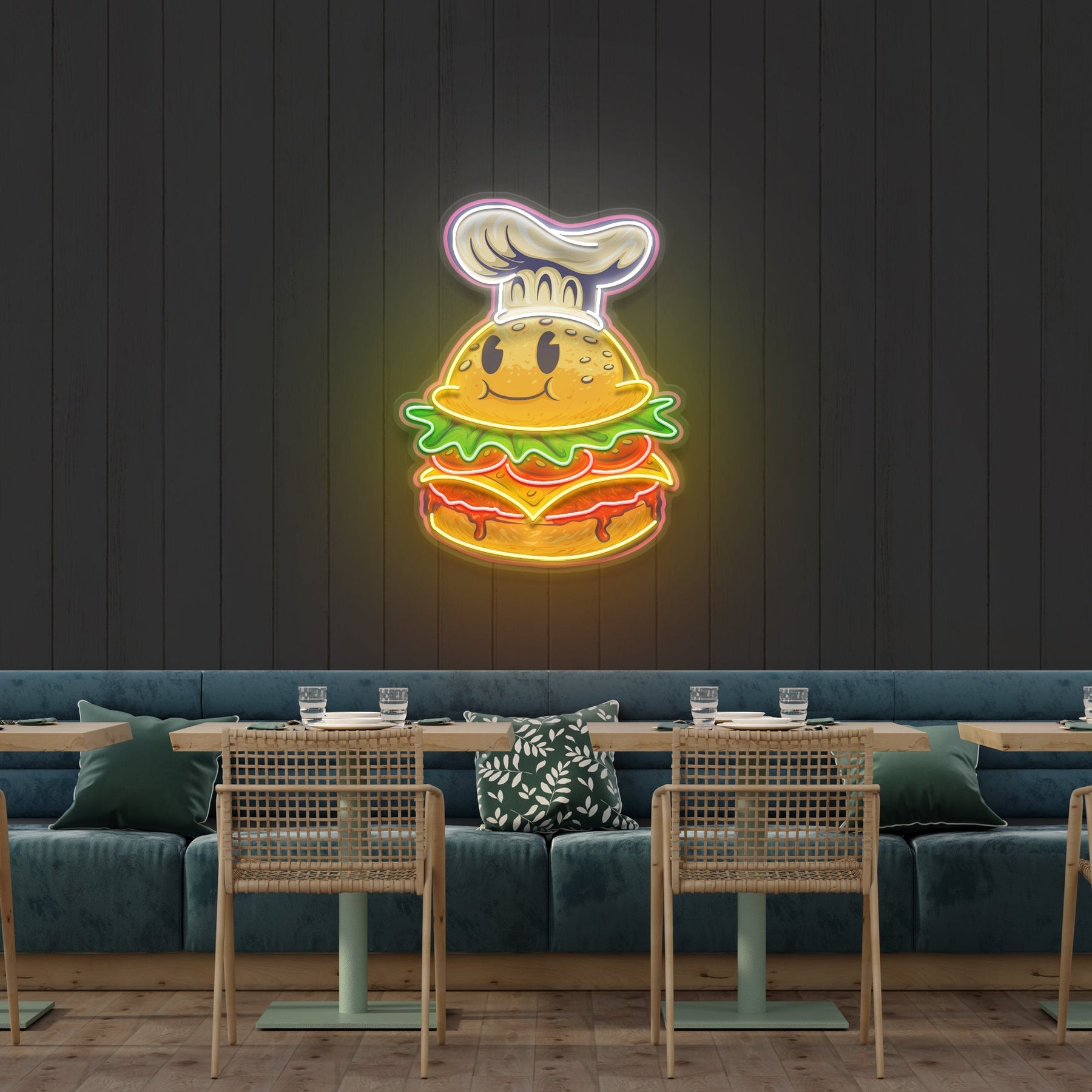Burger Chef Food Cartoon Character Logo Mascot Artwork Led Neon Sign Light