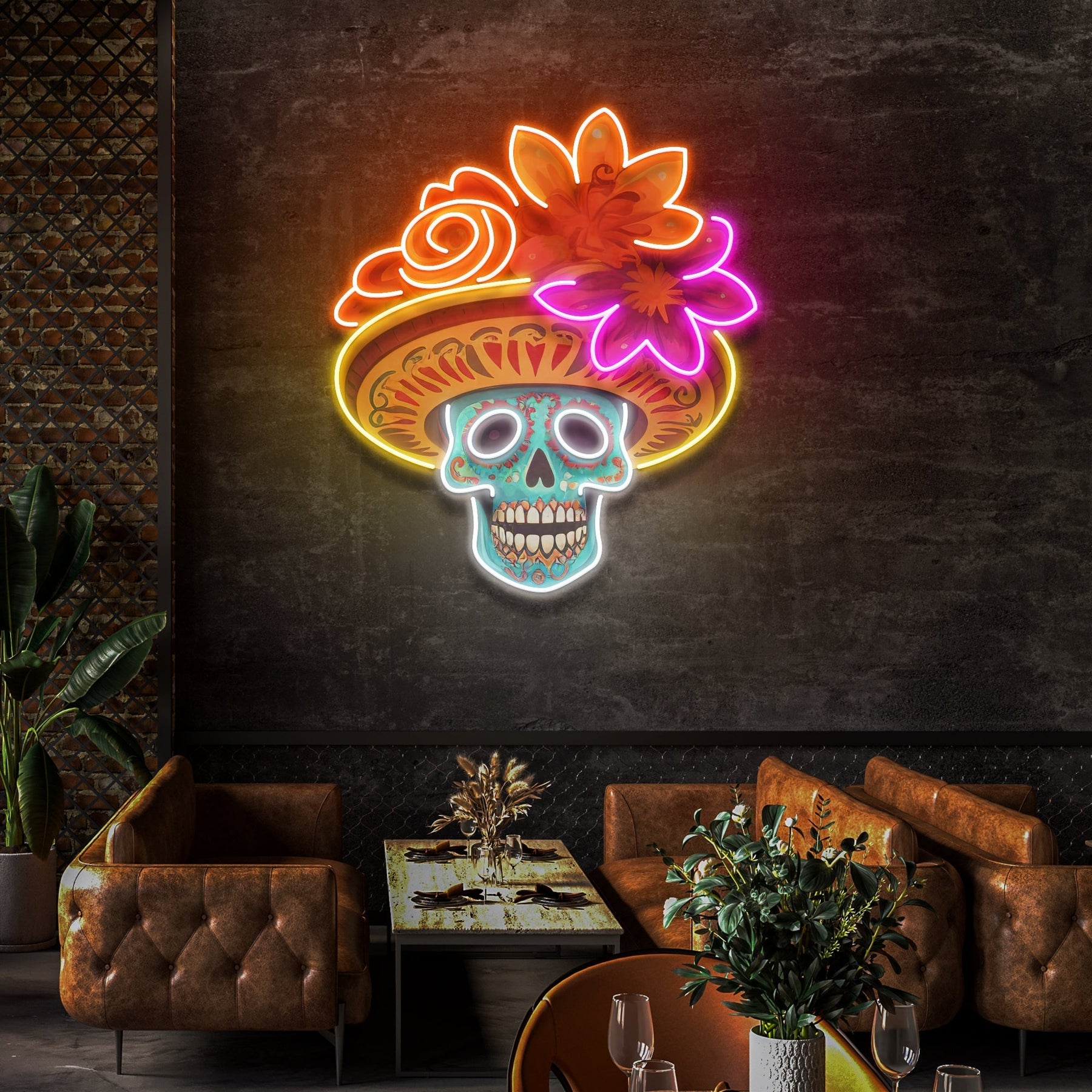 Custom Name Dead Day Party Sugar Skull or Halloween Holiday Artwork Led Neon Sign Light